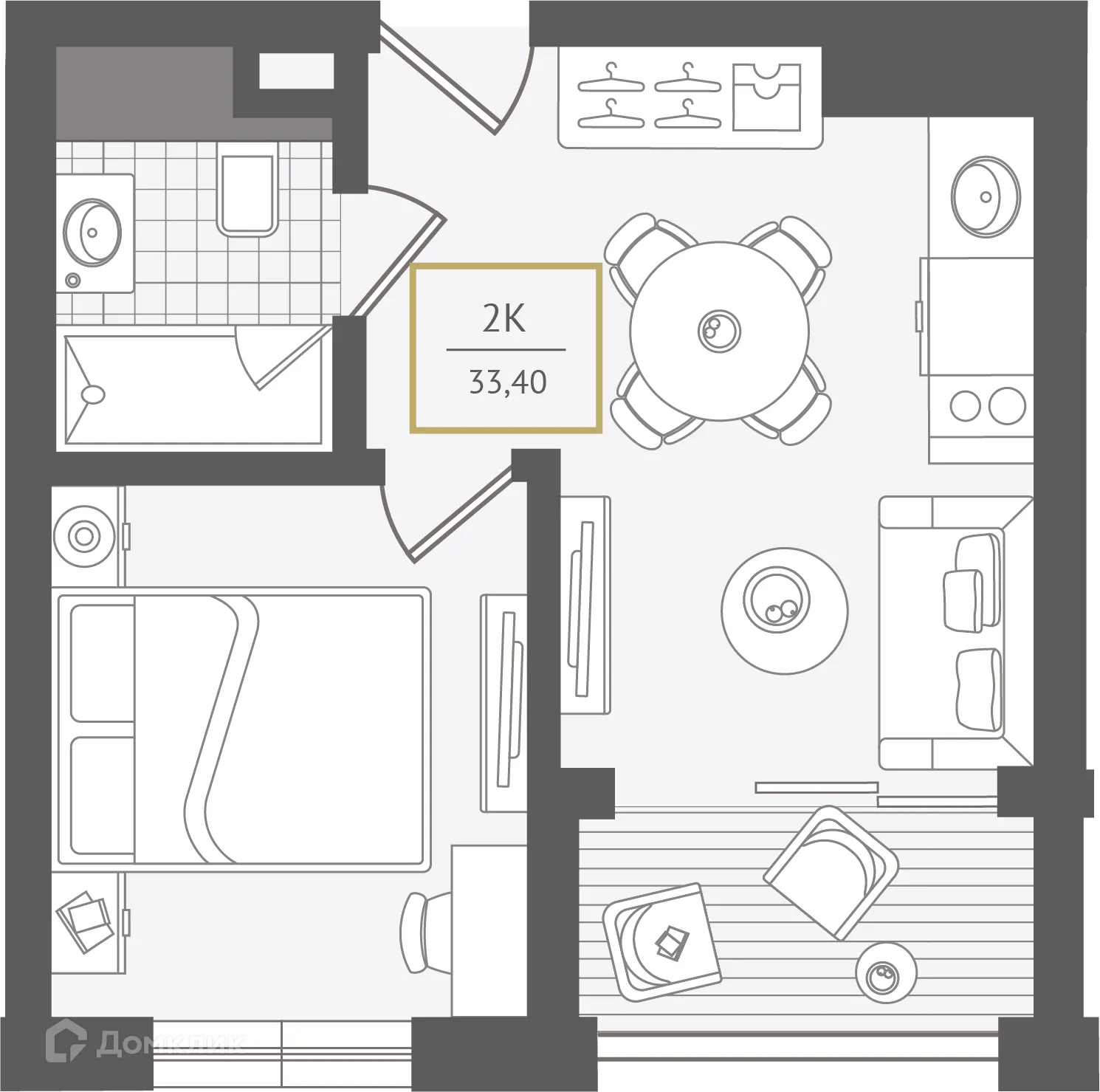 Планировка 2-комнатной квартиры 33.9 м² в ЖК Гостиничный комплекс "Нескучный сад", г. Сочи — фото 1