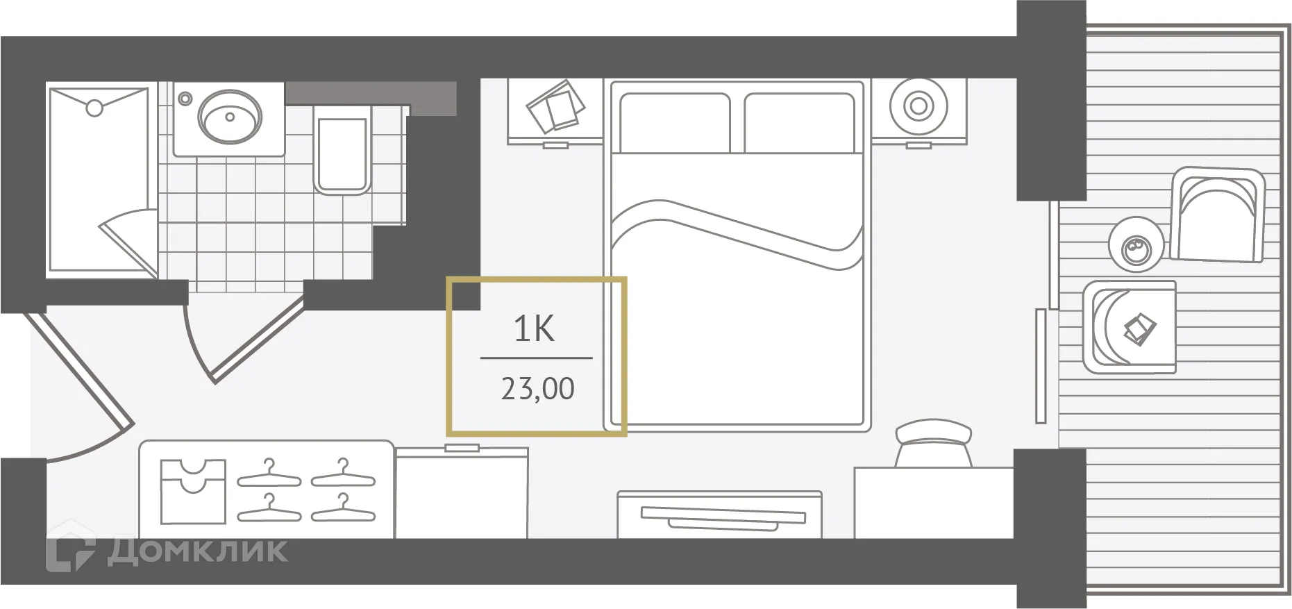 Планировка 1-комнатной квартиры 23.8 м² в ЖК Гостиничный комплекс "Нескучный сад", г. Сочи — фото 1