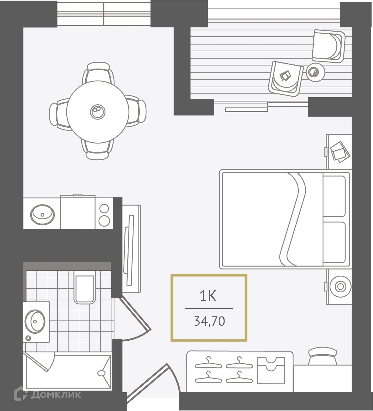 Планировка 1-комнатной квартиры 34.7 м² в ЖК Гостиничный комплекс "Нескучный сад", г. Сочи — фото 1