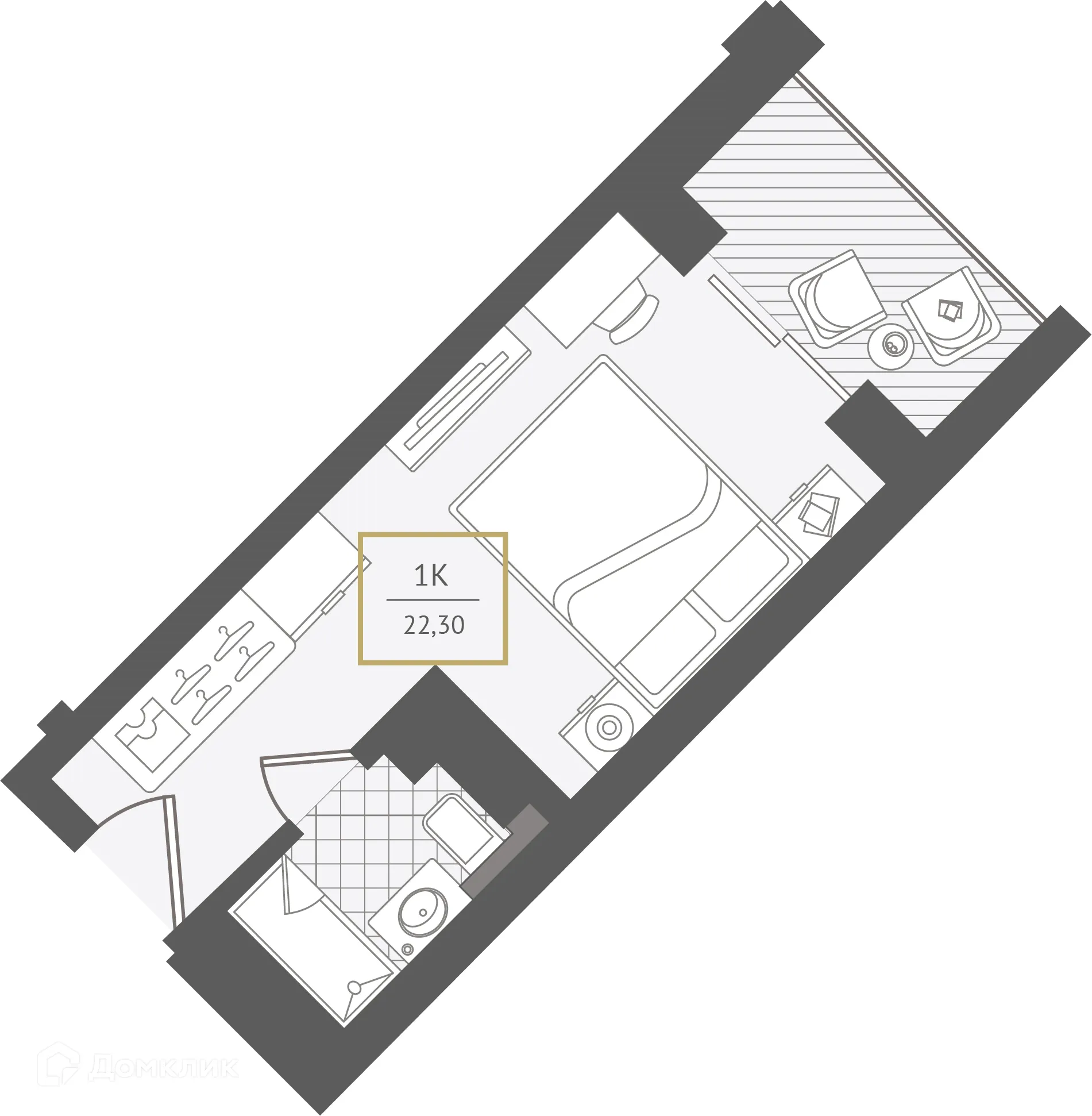 Планировка 1-комнатной квартиры 22.2 м² в ЖК Гостиничный комплекс "Нескучный сад", г. Сочи — фото 1