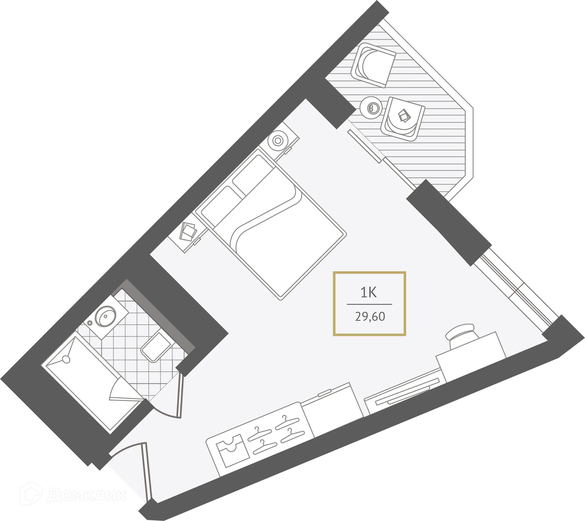 Планировка 1-комнатной квартиры 30.1 м² в ЖК Гостиничный комплекс "Нескучный сад", г. Сочи — фото 1