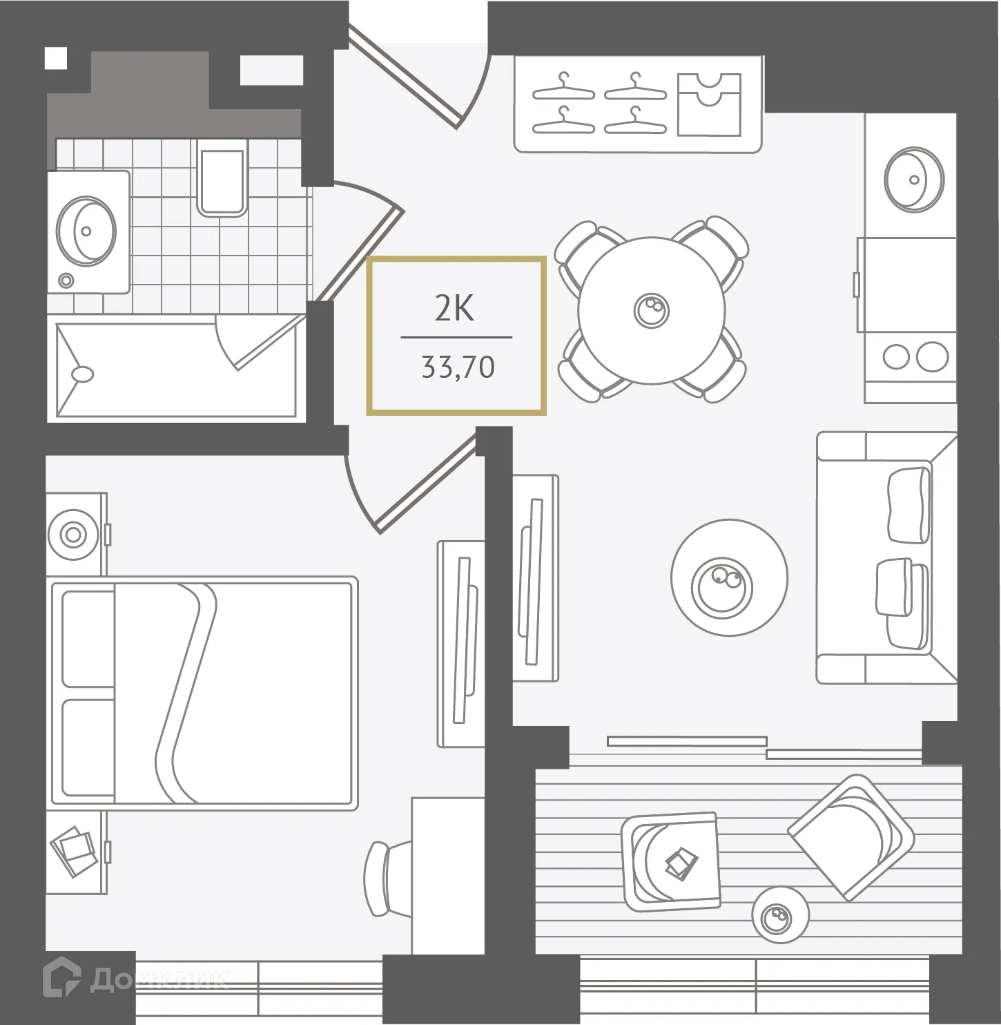 Планировка 2-комнатной квартиры 34.4 м² в ЖК Гостиничный комплекс "Нескучный сад", г. Сочи — фото 1