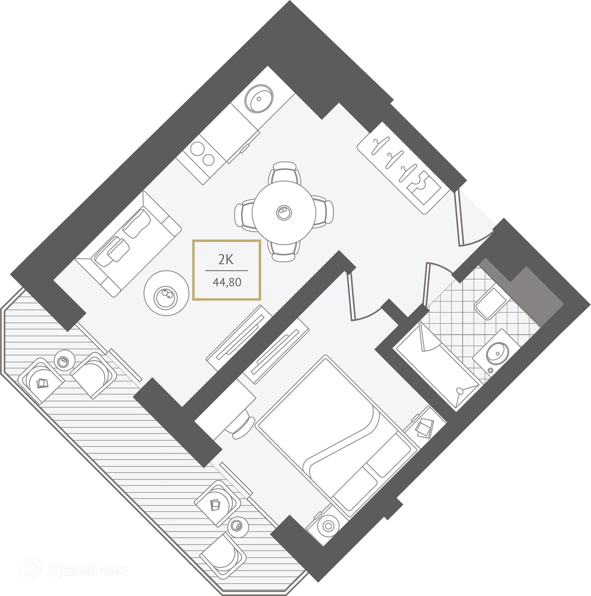 Планировка 2-комнатной квартиры 45.4 м² в ЖК Гостиничный комплекс "Нескучный сад", г. Сочи — фото 1