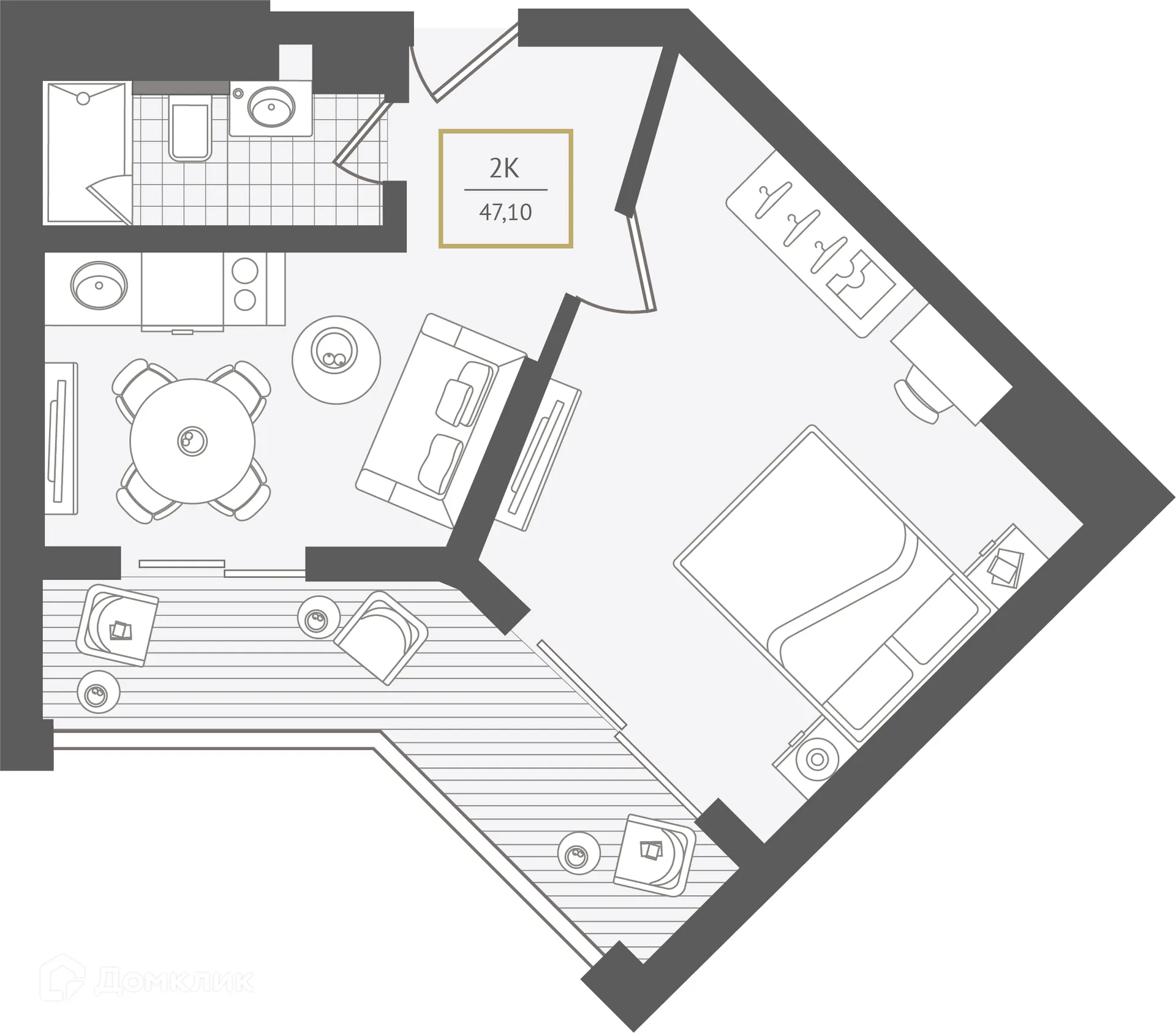 Планировка 2-комнатной квартиры 47.7 м² в ЖК Гостиничный комплекс "Нескучный сад", г. Сочи — фото 1