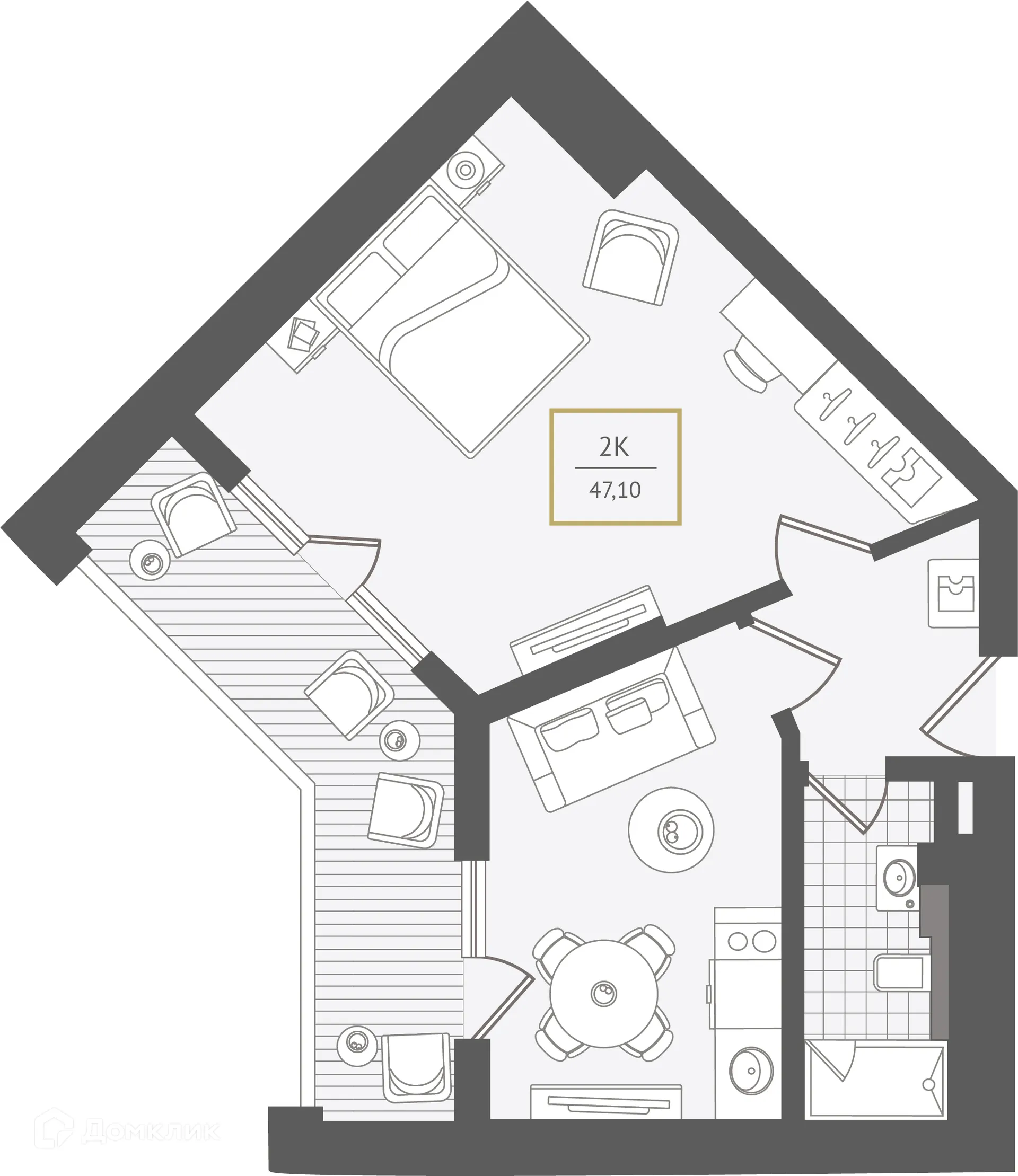 Планировка 2-комнатной квартиры 47.6 м² в ЖК Гостиничный комплекс "Нескучный сад", г. Сочи — фото 1
