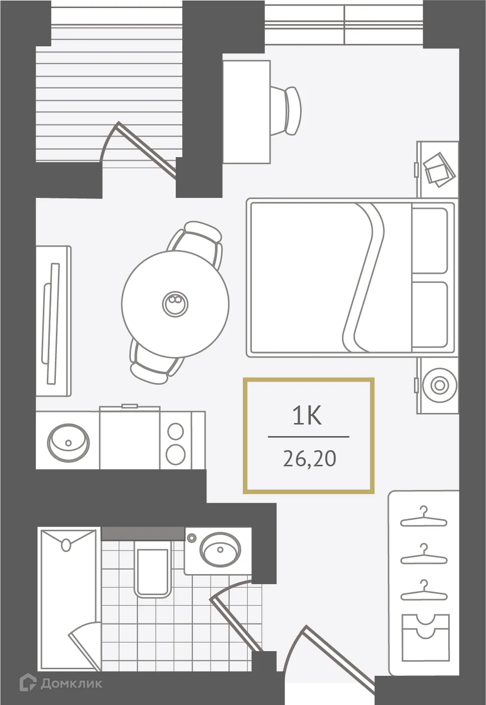 Планировка 1-комнатной квартиры 26.3 м² в ЖК Гостиничный комплекс "Нескучный сад", г. Сочи — фото 1