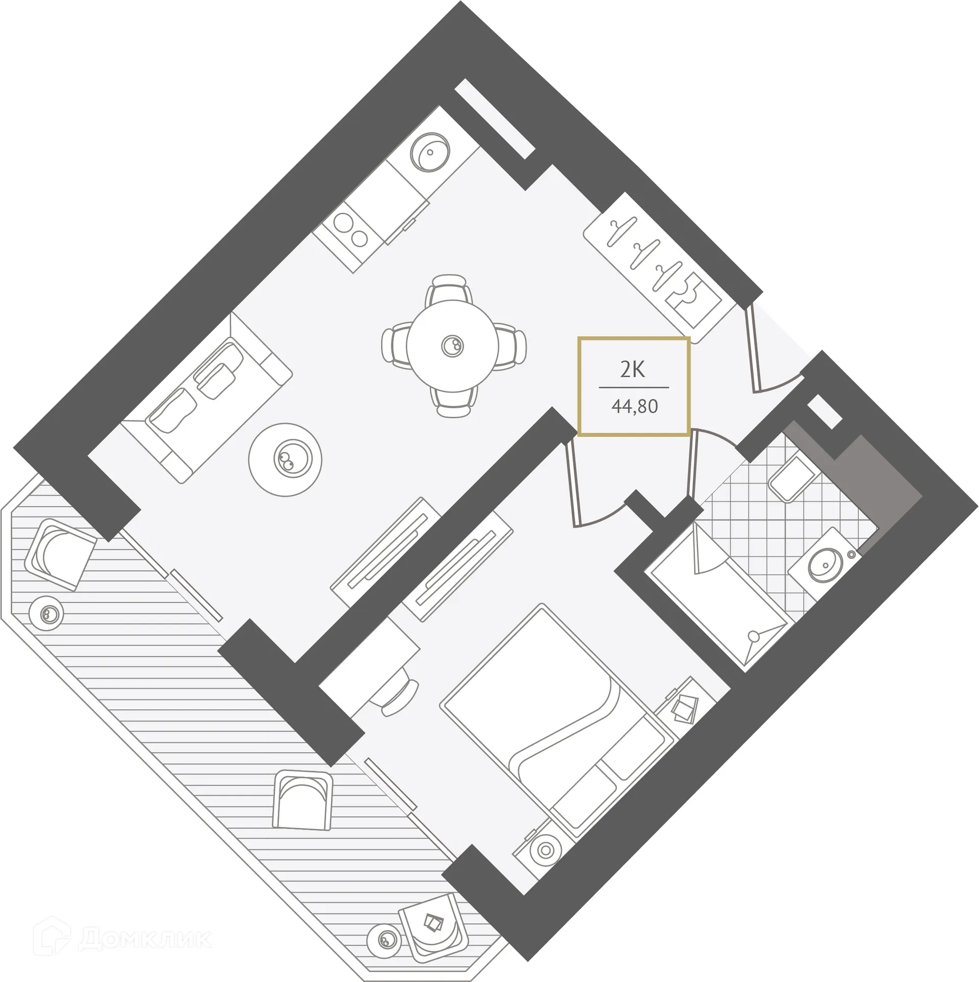 Планировка 2-комнатной квартиры 44.8 м² в ЖК Гостиничный комплекс "Нескучный сад", г. Сочи — фото 1