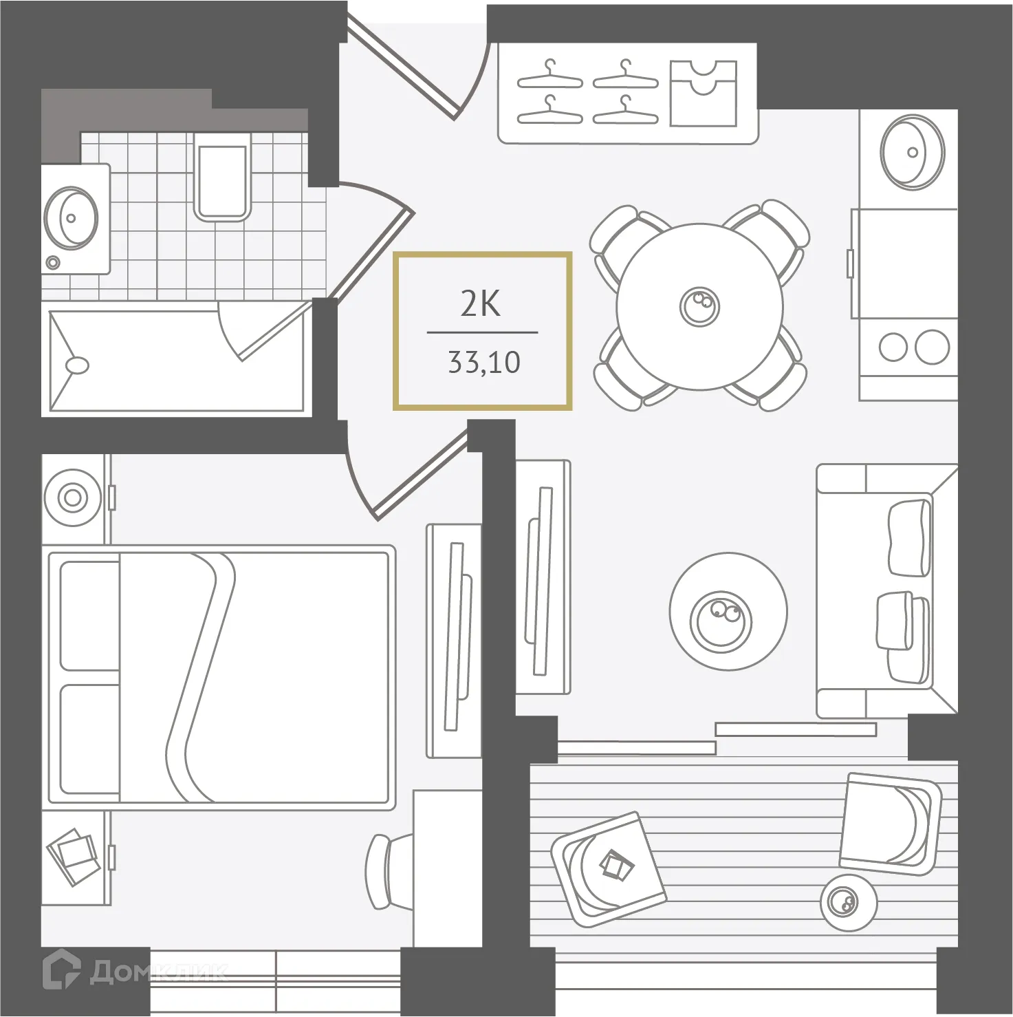Планировка 2-комнатной квартиры 33.3 м² в ЖК Гостиничный комплекс "Нескучный сад", г. Сочи — фото 1