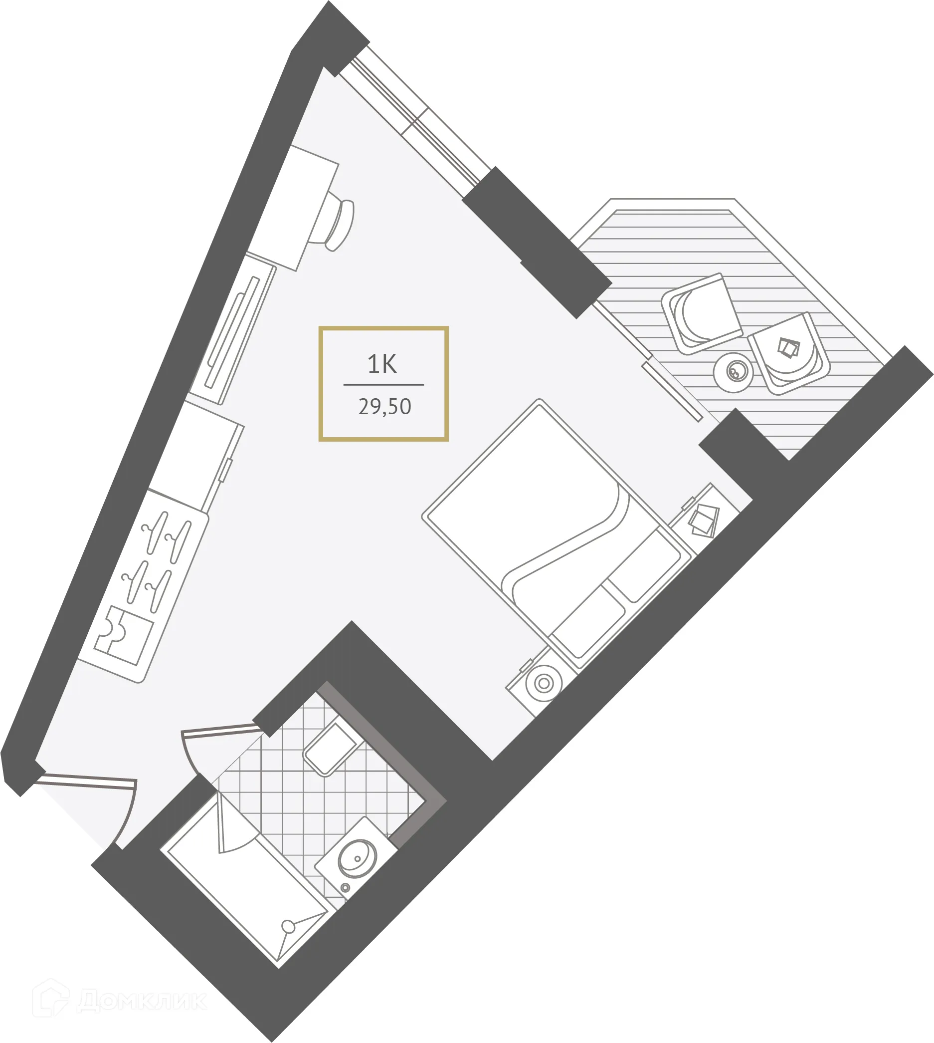 Планировка 1-комнатной квартиры 29.8 м² в ЖК Гостиничный комплекс "Нескучный сад", г. Сочи — фото 1