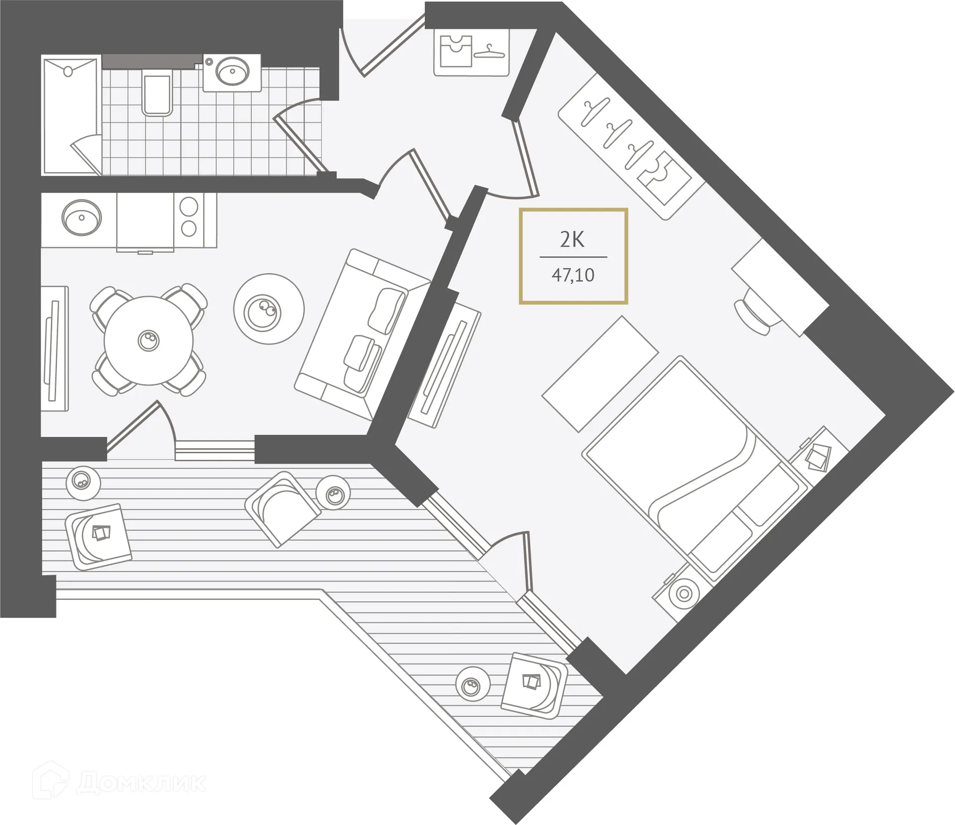 Планировка 2-комнатной квартиры 47 м² в ЖК Гостиничный комплекс "Нескучный сад", г. Сочи — фото 1