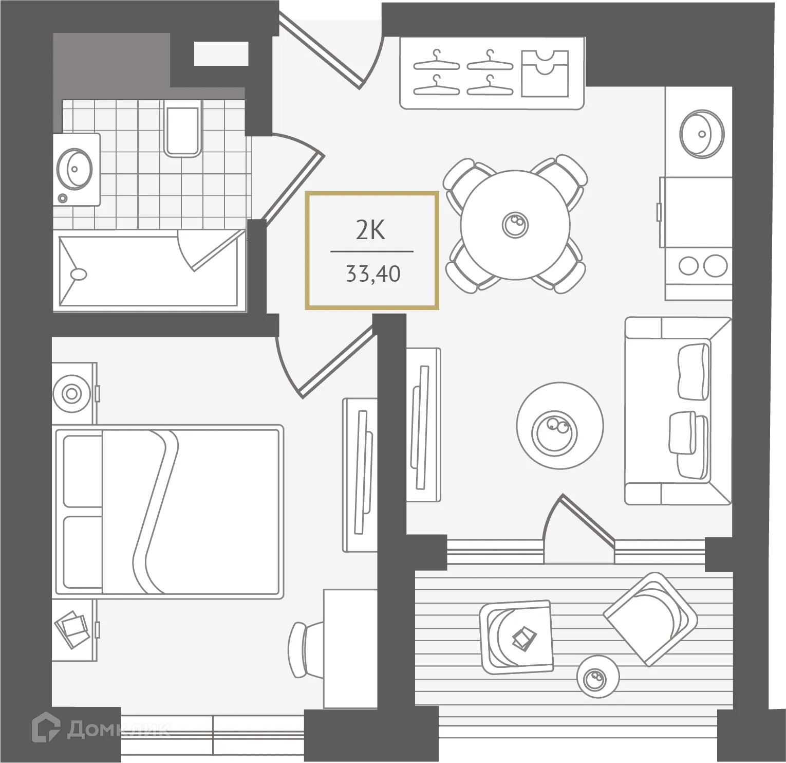 Планировка 2-комнатной квартиры 34.2 м² в ЖК Гостиничный комплекс "Нескучный сад", г. Сочи — фото 1
