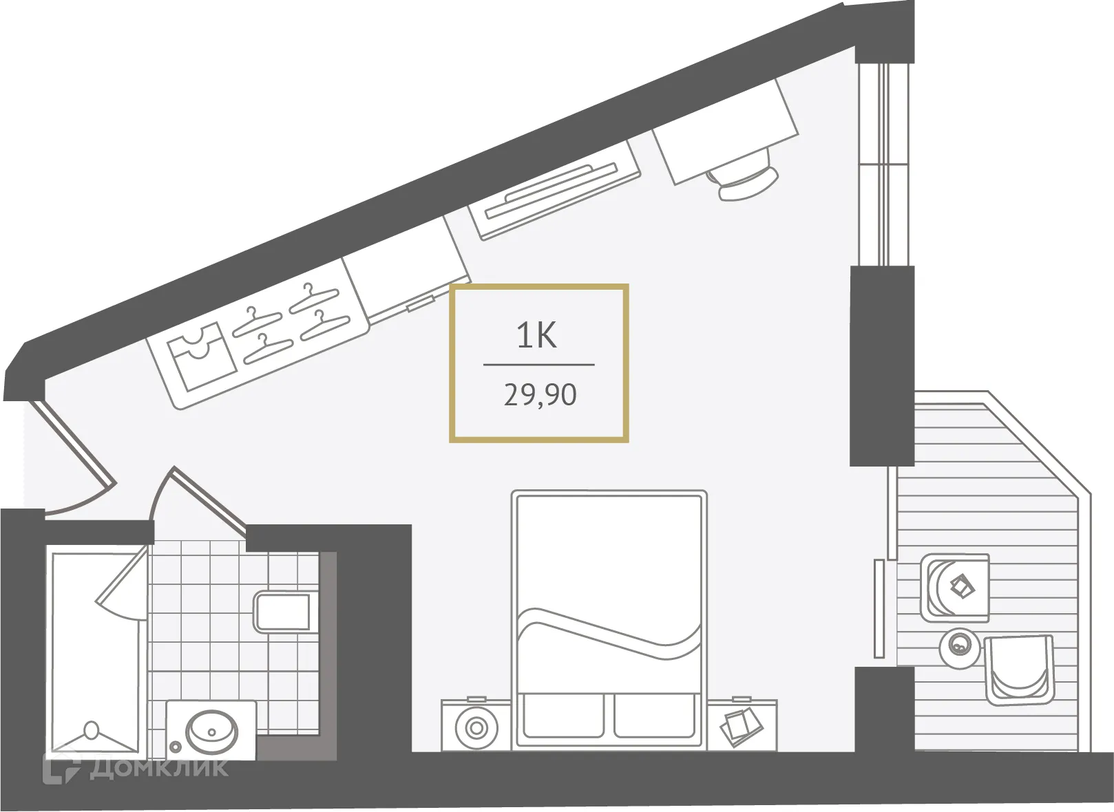Планировка 1-комнатной квартиры 30.8 м² в ЖК Гостиничный комплекс "Нескучный сад", г. Сочи — фото 1
