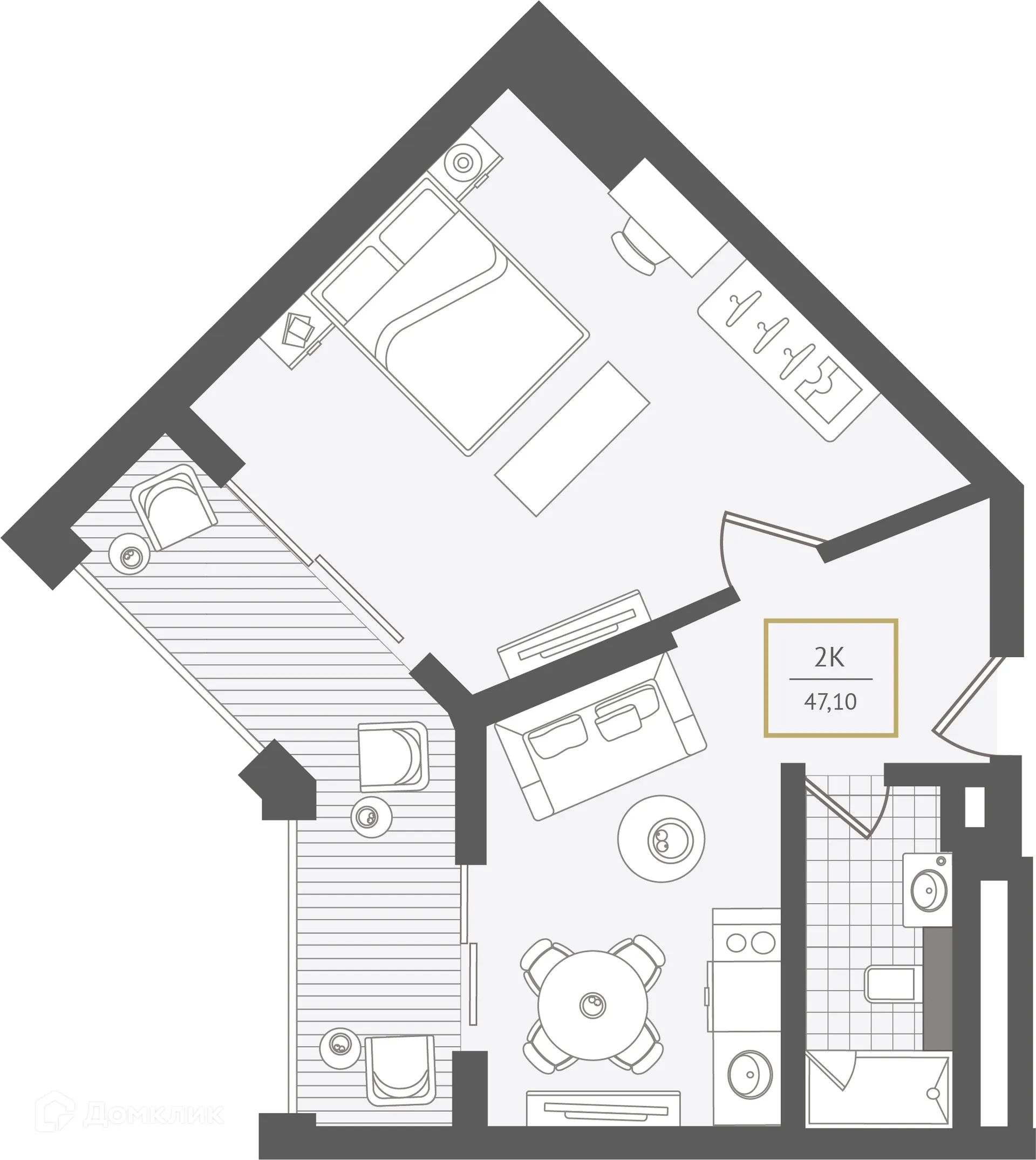 Планировка 2-комнатной квартиры 47.5 м² в ЖК Гостиничный комплекс "Нескучный сад", г. Сочи — фото 1