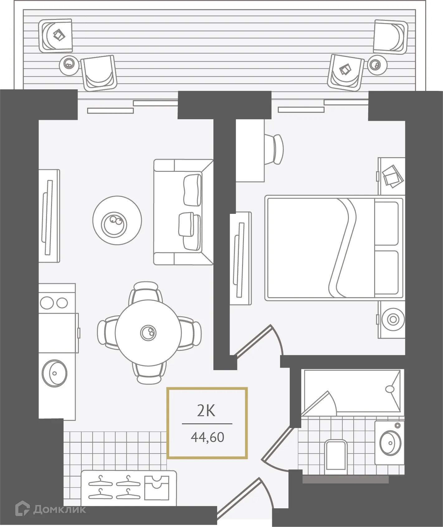 Планировка 2-комнатной квартиры 46 м² в ЖК Гостиничный комплекс "Нескучный сад", г. Сочи — фото 1