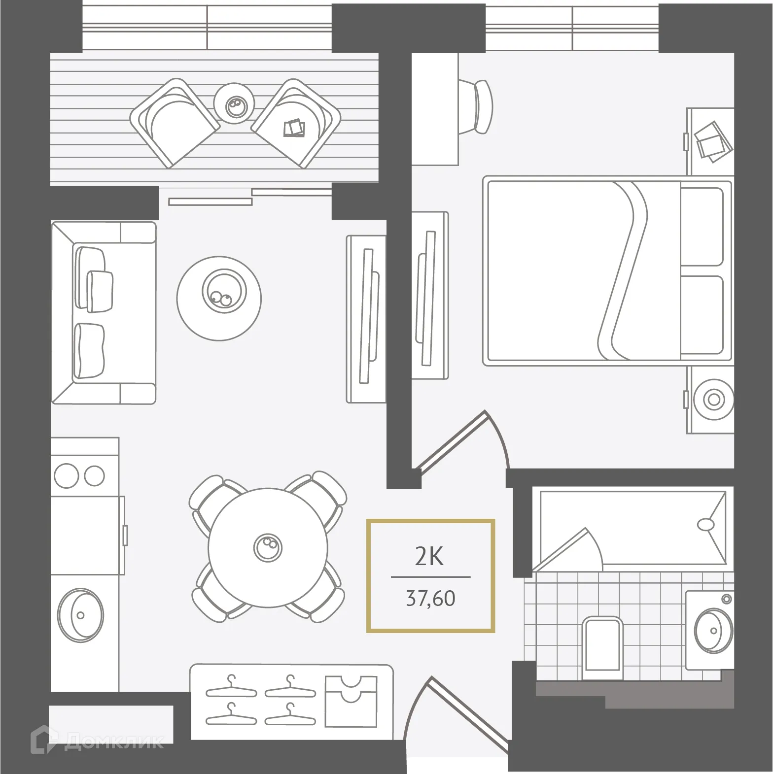 Планировка 2-комнатной квартиры 38.3 м² в ЖК Гостиничный комплекс "Нескучный сад", г. Сочи — фото 1