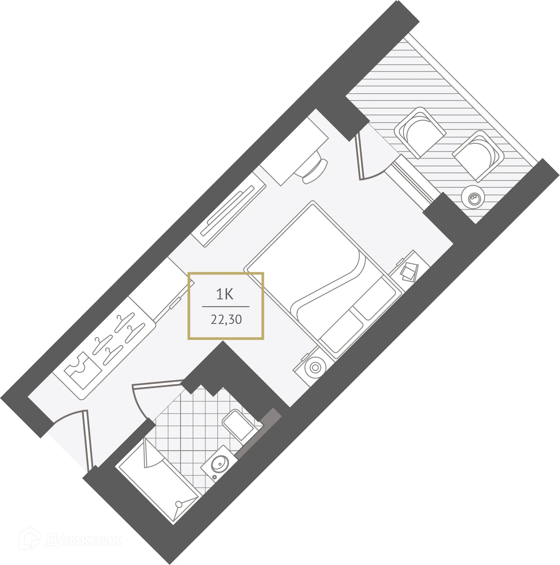 Планировка 1-комнатной квартиры 22.3 м² в ЖК Гостиничный комплекс "Нескучный сад", г. Сочи — фото 1