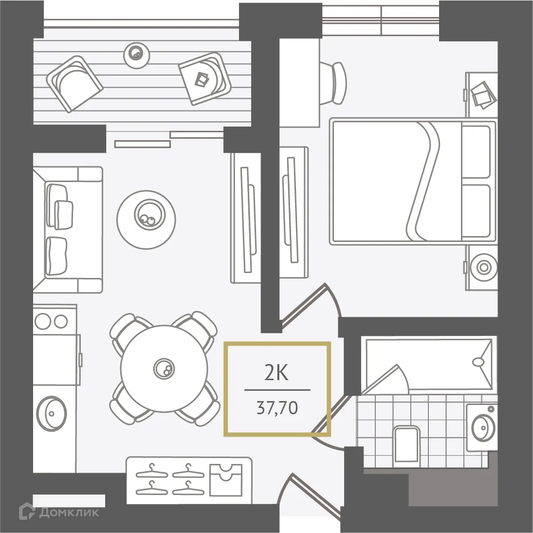 Планировка 2-комнатной квартиры 38.1 м² в ЖК Гостиничный комплекс "Нескучный сад", г. Сочи — фото 1