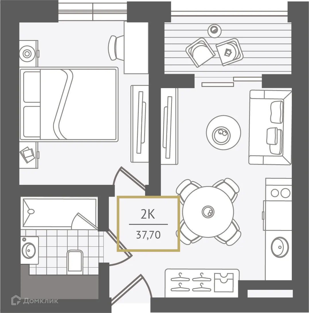 Планировка 2-комнатной квартиры 38.4 м² в ЖК Гостиничный комплекс "Нескучный сад", г. Сочи — фото 1