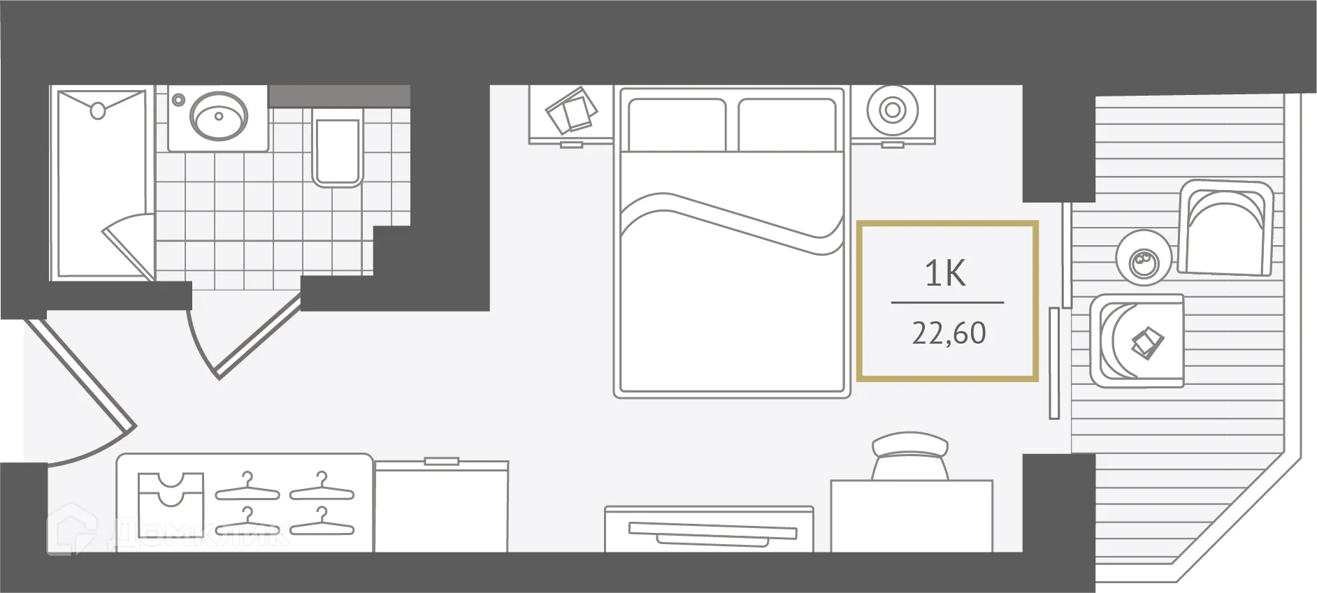 Планировка 1-комнатной квартиры 22.9 м² в ЖК Гостиничный комплекс "Нескучный сад", г. Сочи — фото 1