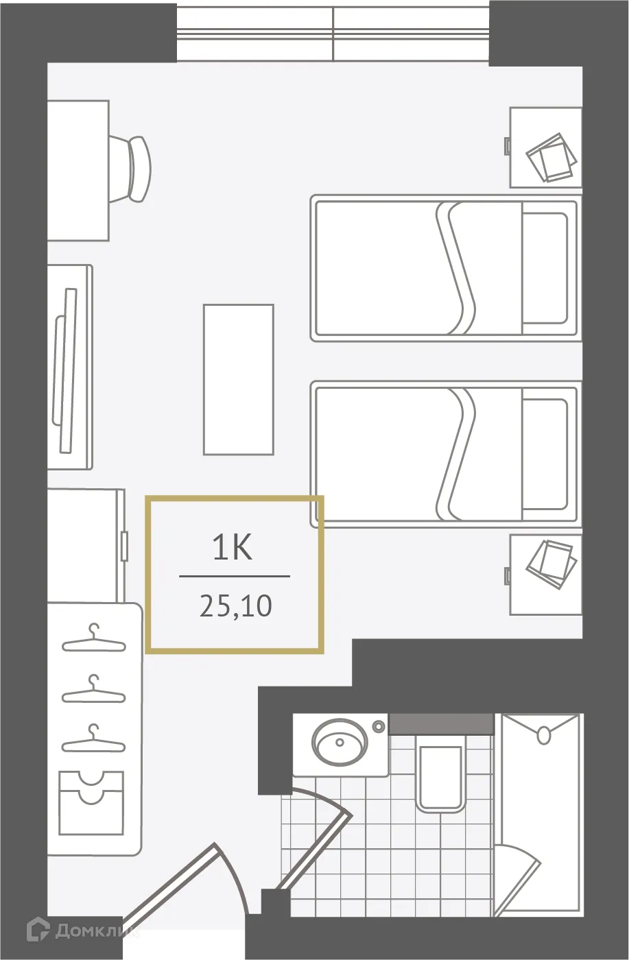 Планировка 1-комнатной квартиры 25.5 м² в ЖК Гостиничный комплекс "Нескучный сад", г. Сочи — фото 1