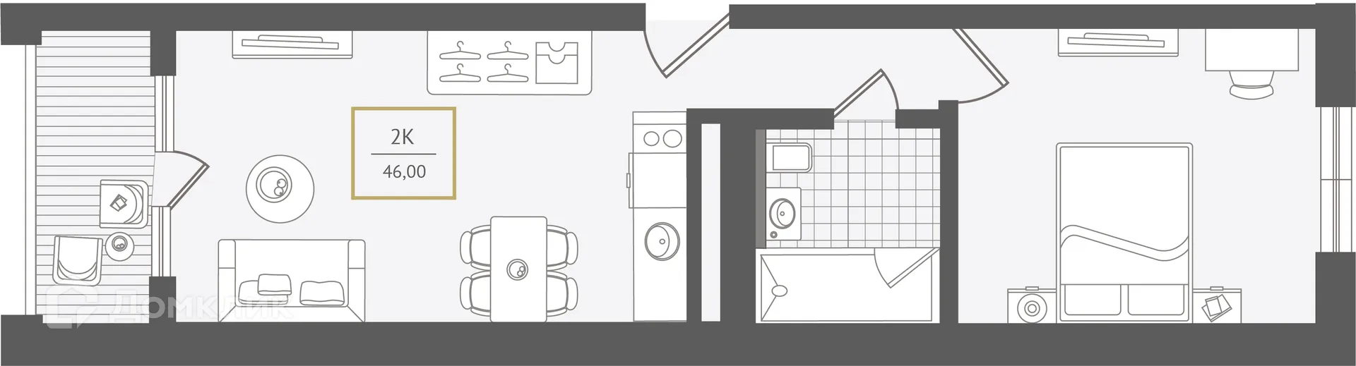 Планировка 2-комнатной квартиры 46.2 м² в ЖК Гостиничный комплекс "Нескучный сад", г. Сочи — фото 1