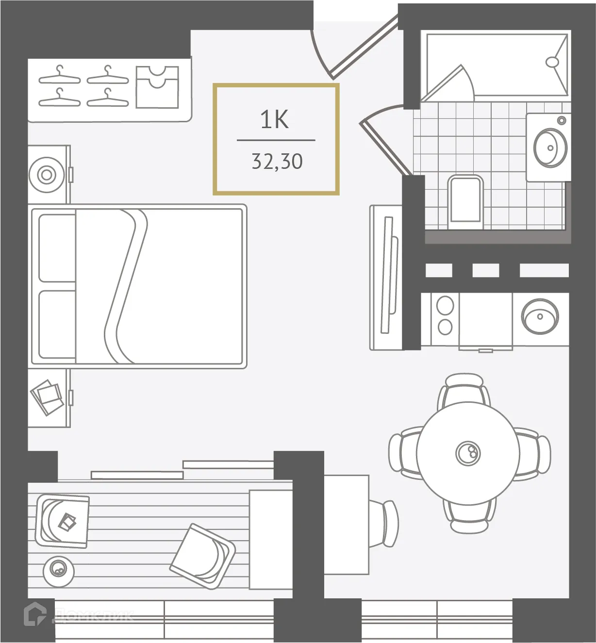 Планировка 1-комнатной квартиры 32.4 м² в ЖК Гостиничный комплекс "Нескучный сад", г. Сочи — фото 1