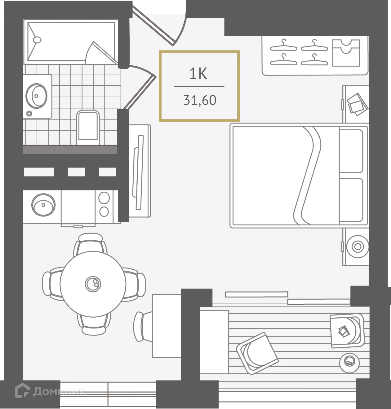 Планировка 1-комнатной квартиры 31.9 м² в ЖК Гостиничный комплекс "Нескучный сад", г. Сочи — фото 1