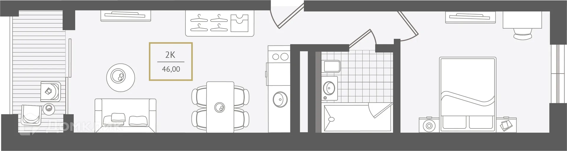 Планировка 2-комнатной квартиры 46.9 м² в ЖК Гостиничный комплекс "Нескучный сад", г. Сочи — фото 1