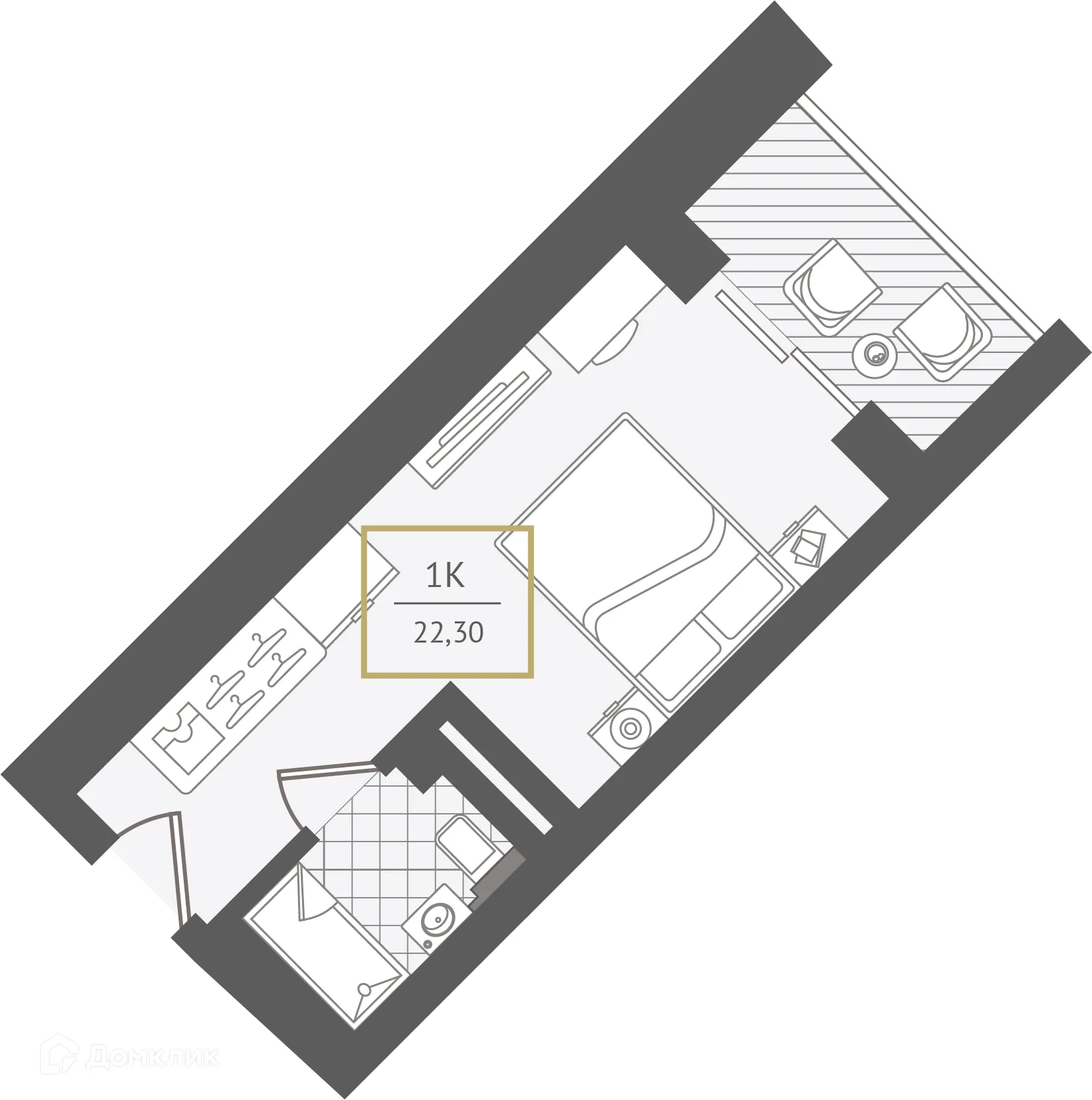 Планировка 1-комнатной квартиры 23 м² в ЖК Гостиничный комплекс "Нескучный сад", г. Сочи — фото 1