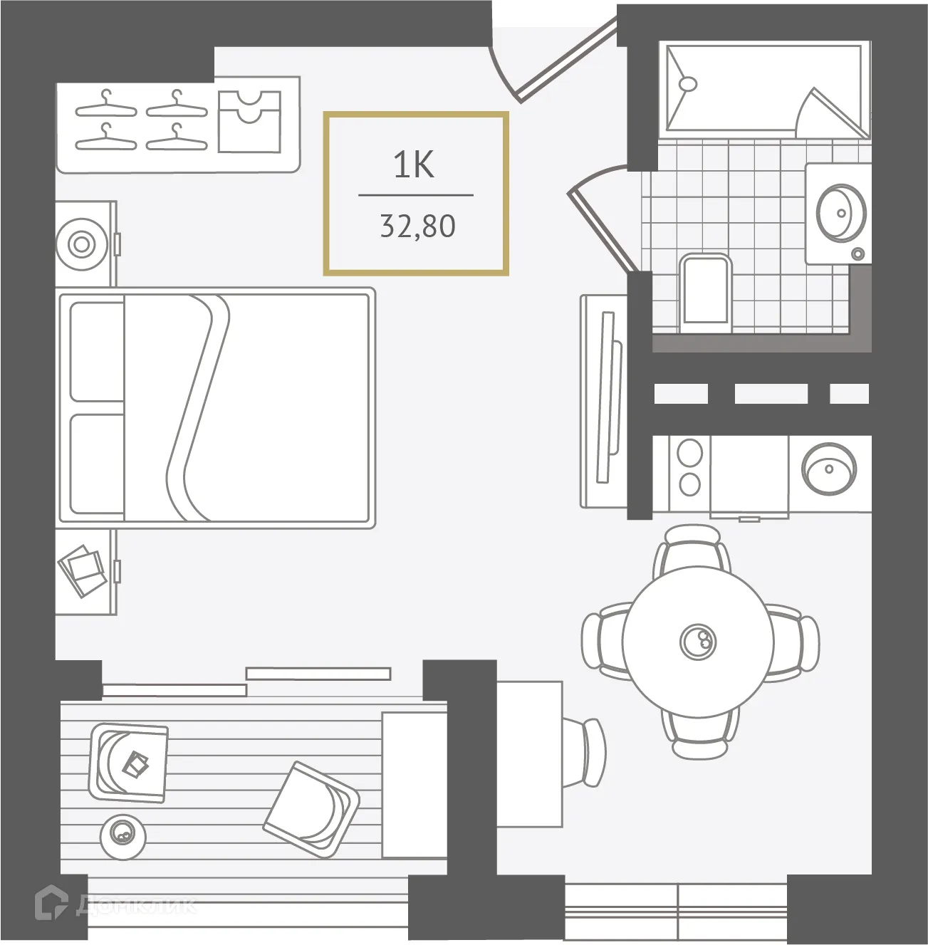 Планировка 1-комнатной квартиры 32.7 м² в ЖК Гостиничный комплекс "Нескучный сад", г. Сочи — фото 1