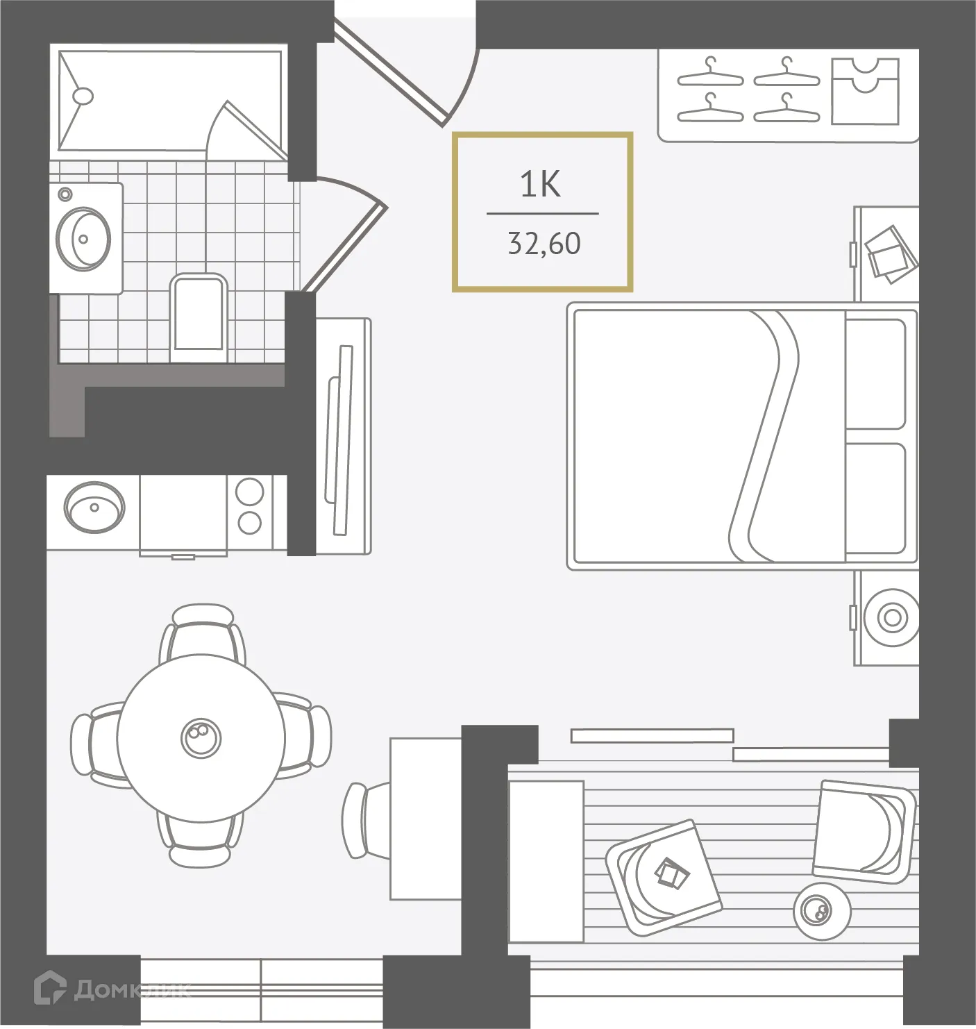 Планировка 1-комнатной квартиры 33.1 м² в ЖК Гостиничный комплекс "Нескучный сад", г. Сочи — фото 1