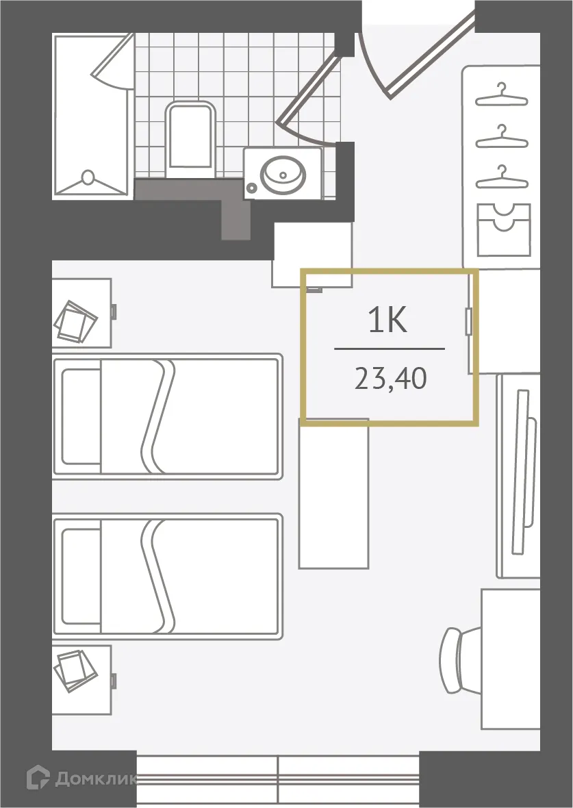 Планировка 1-комнатной квартиры 23.7 м² в ЖК Гостиничный комплекс "Нескучный сад", г. Сочи — фото 1