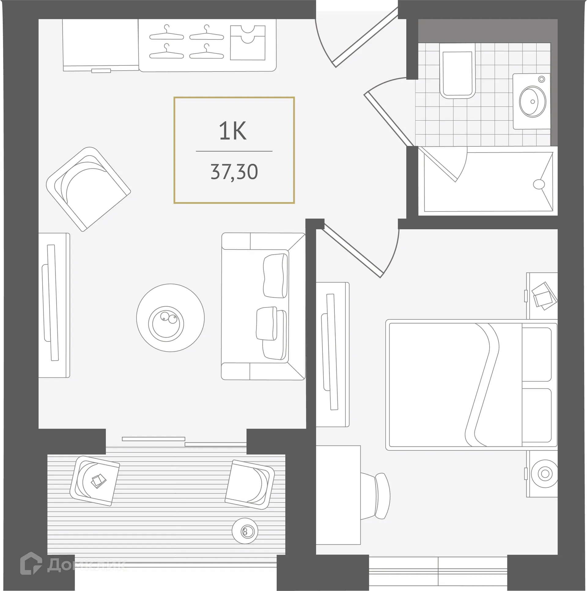 Планировка 1-комнатной квартиры 37.3 м² в ЖК Гостиничный комплекс "Нескучный сад", г. Сочи — фото 1