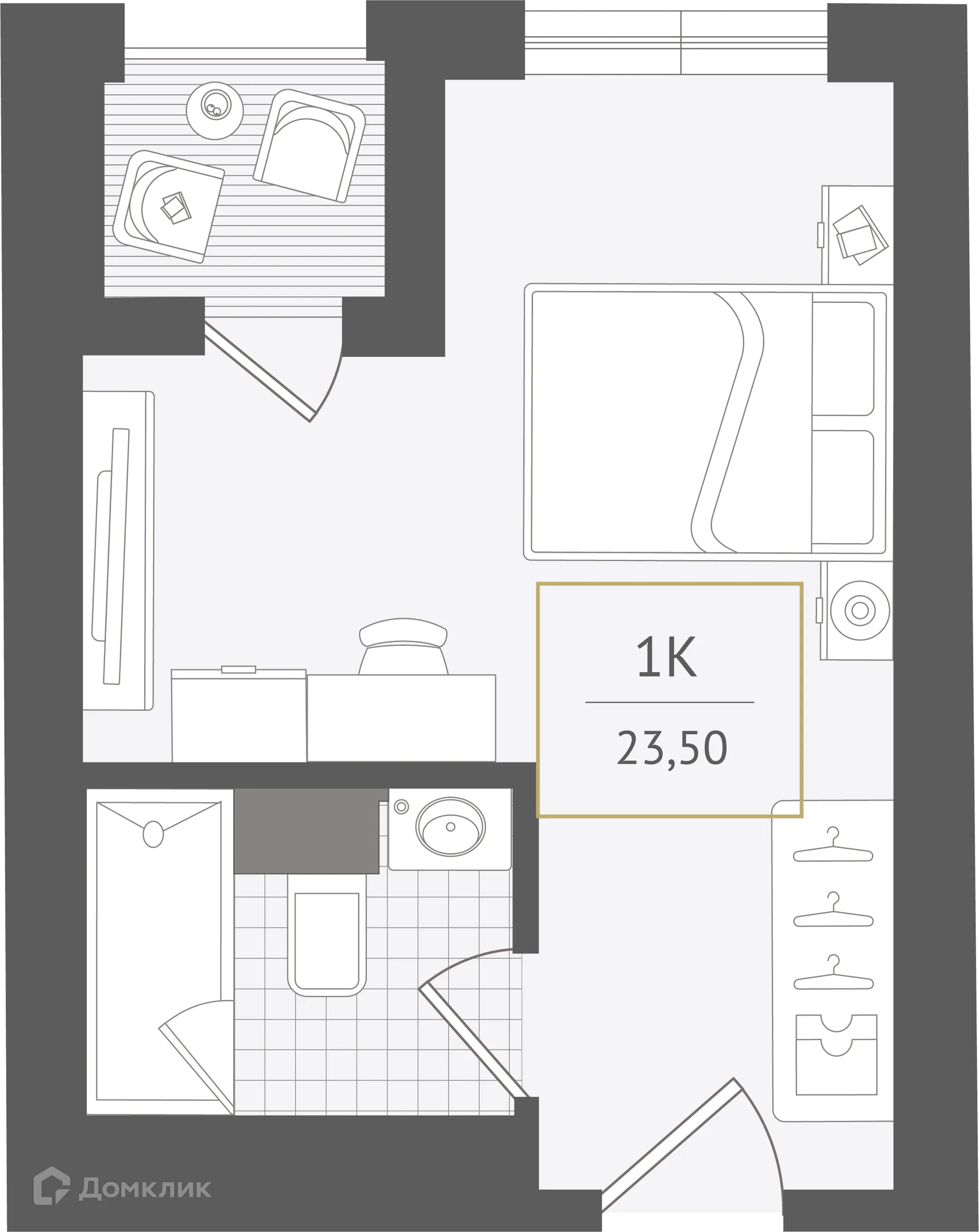 Планировка 1-комнатной квартиры 23.5 м² в ЖК Гостиничный комплекс "Нескучный сад", г. Сочи — фото 1