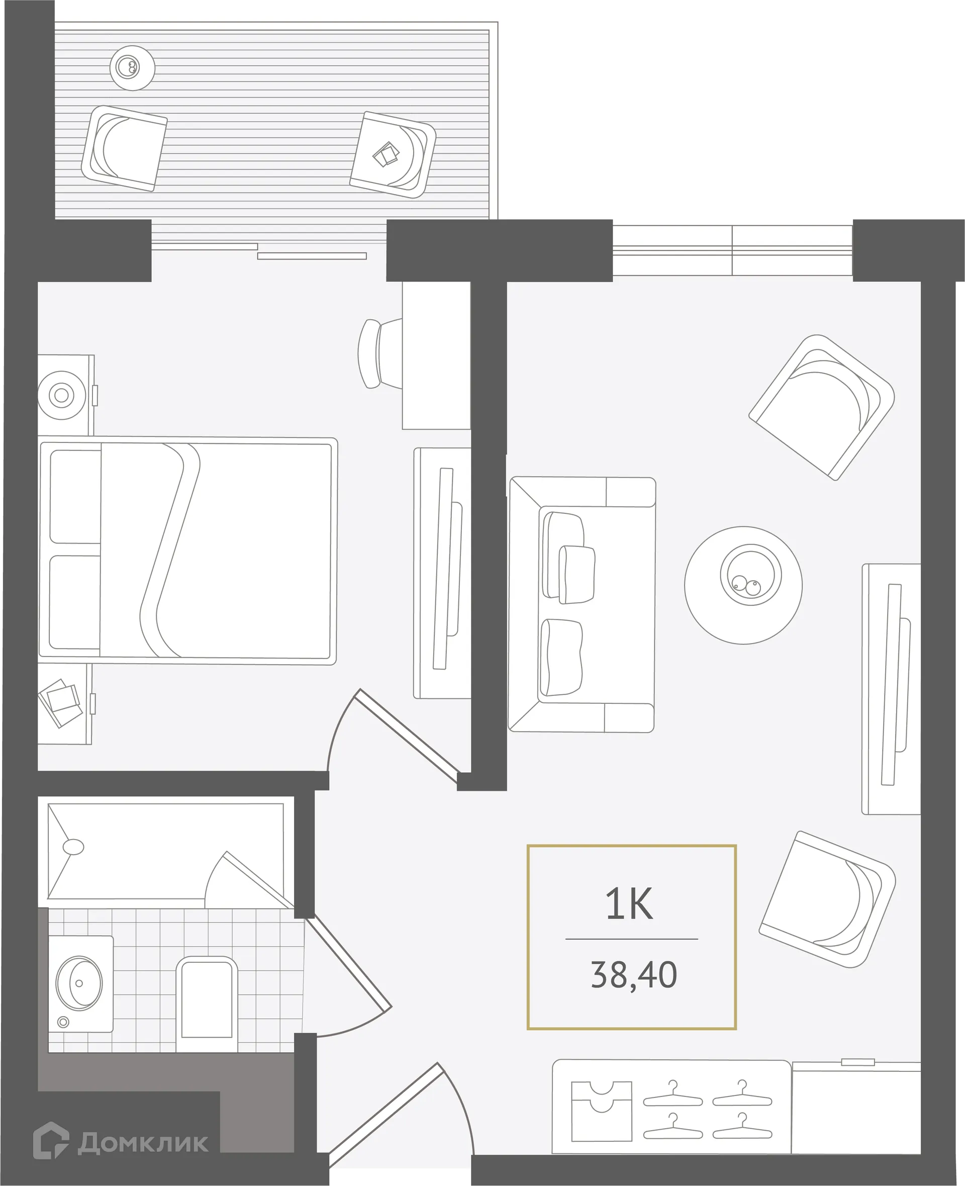 Планировка 1-комнатной квартиры 38.4 м² в ЖК Гостиничный комплекс "Нескучный сад", г. Сочи — фото 1