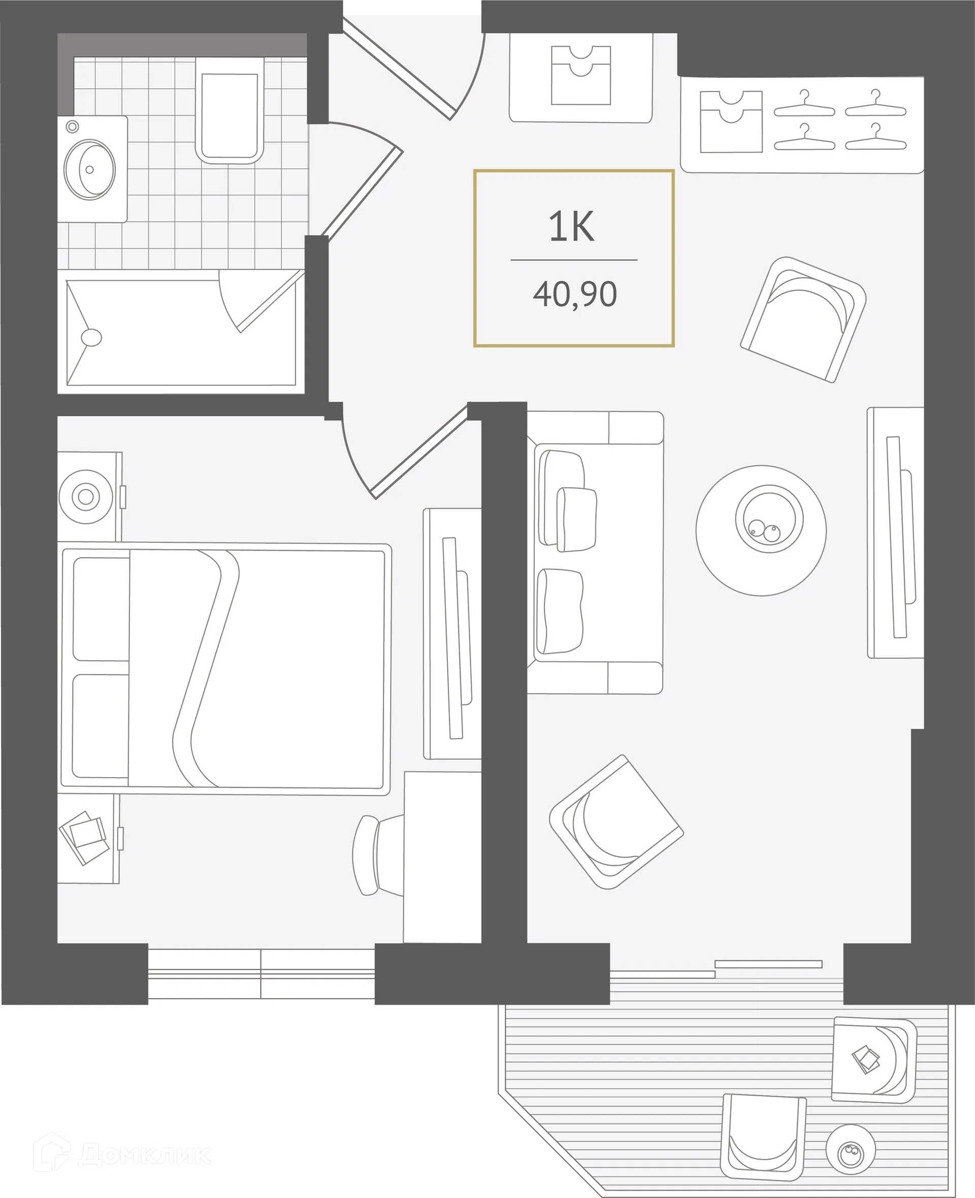 Планировка 1-комнатной квартиры 40.9 м² в ЖК Гостиничный комплекс "Нескучный сад", г. Сочи — фото 1