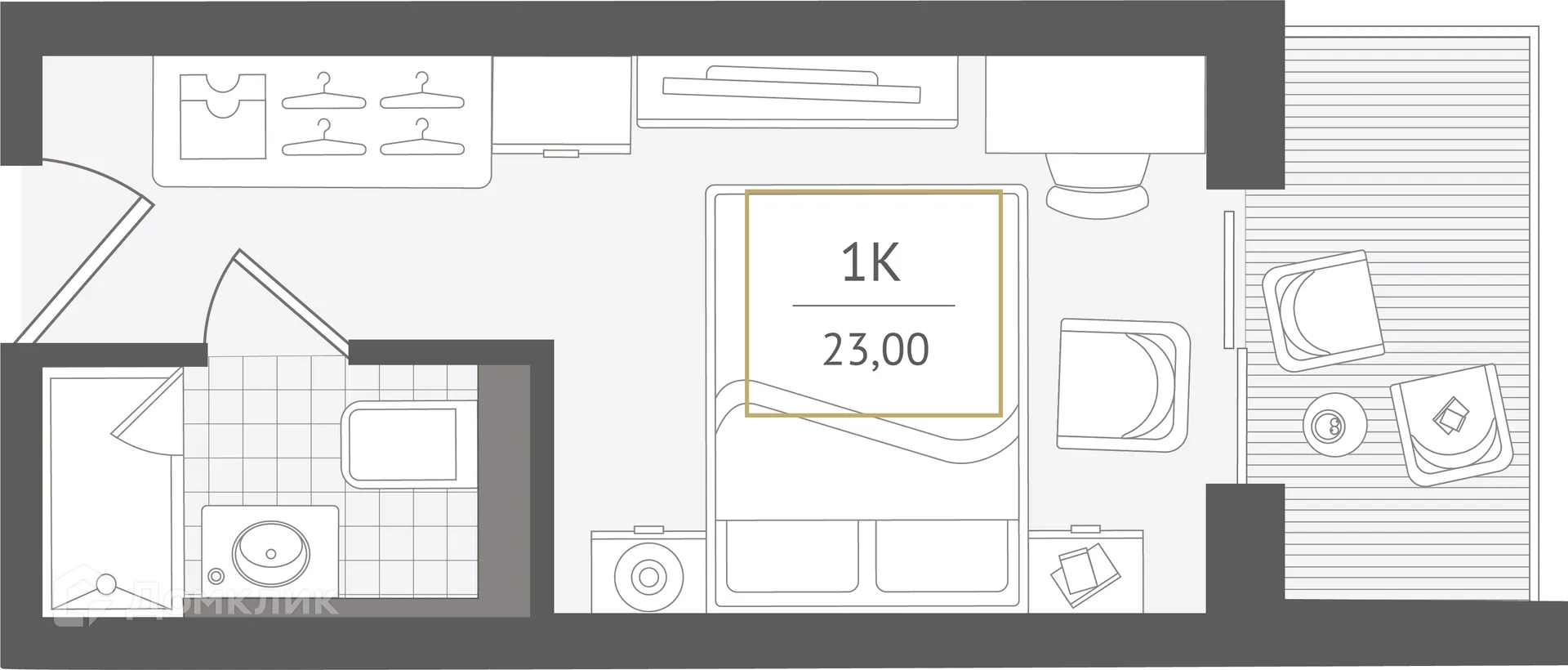 Планировка 1-комнатной квартиры 23 м² в ЖК Гостиничный комплекс "Нескучный сад", г. Сочи — фото 1
