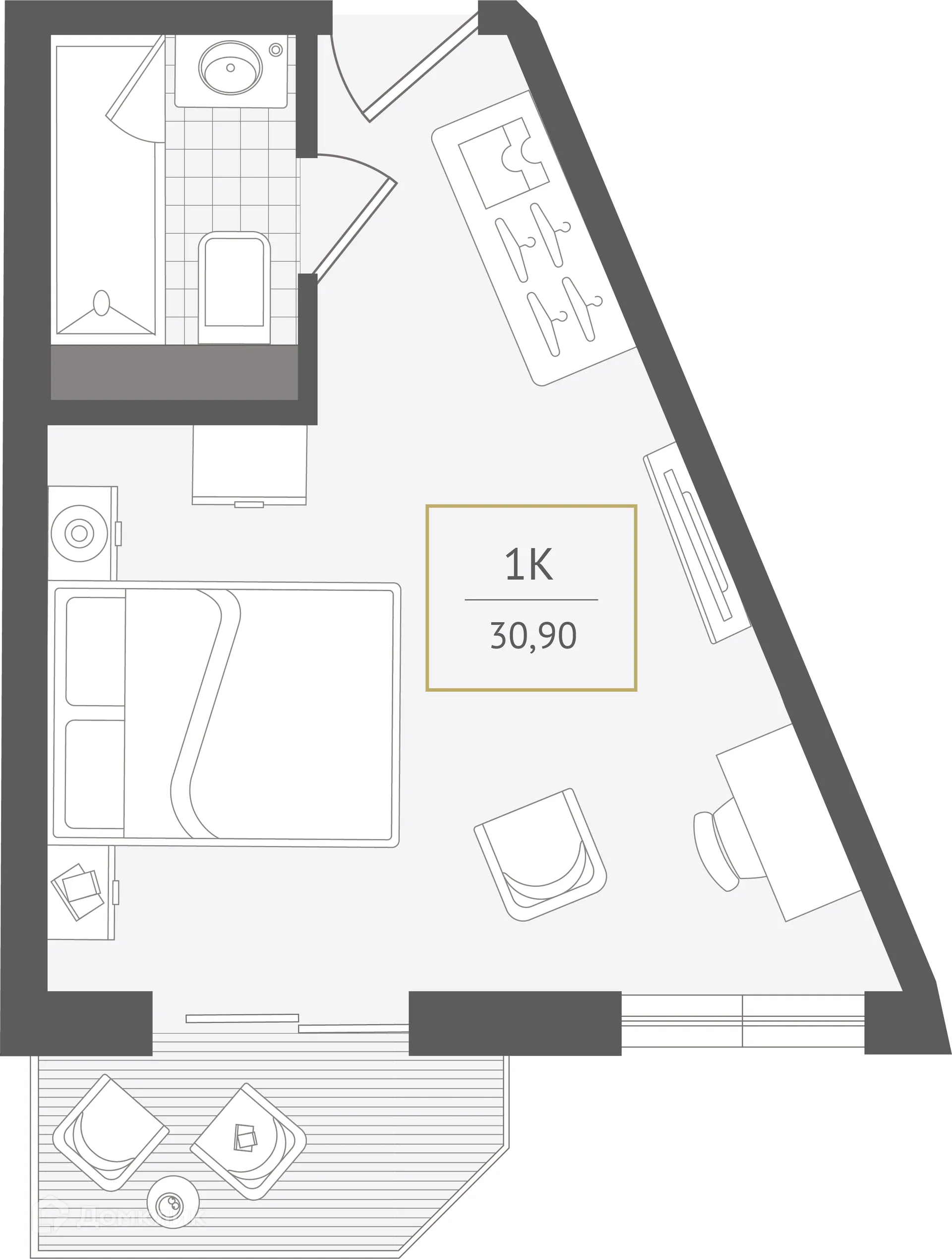 Планировка 1-комнатной квартиры 30.9 м² в ЖК Гостиничный комплекс "Нескучный сад", г. Сочи — фото 1