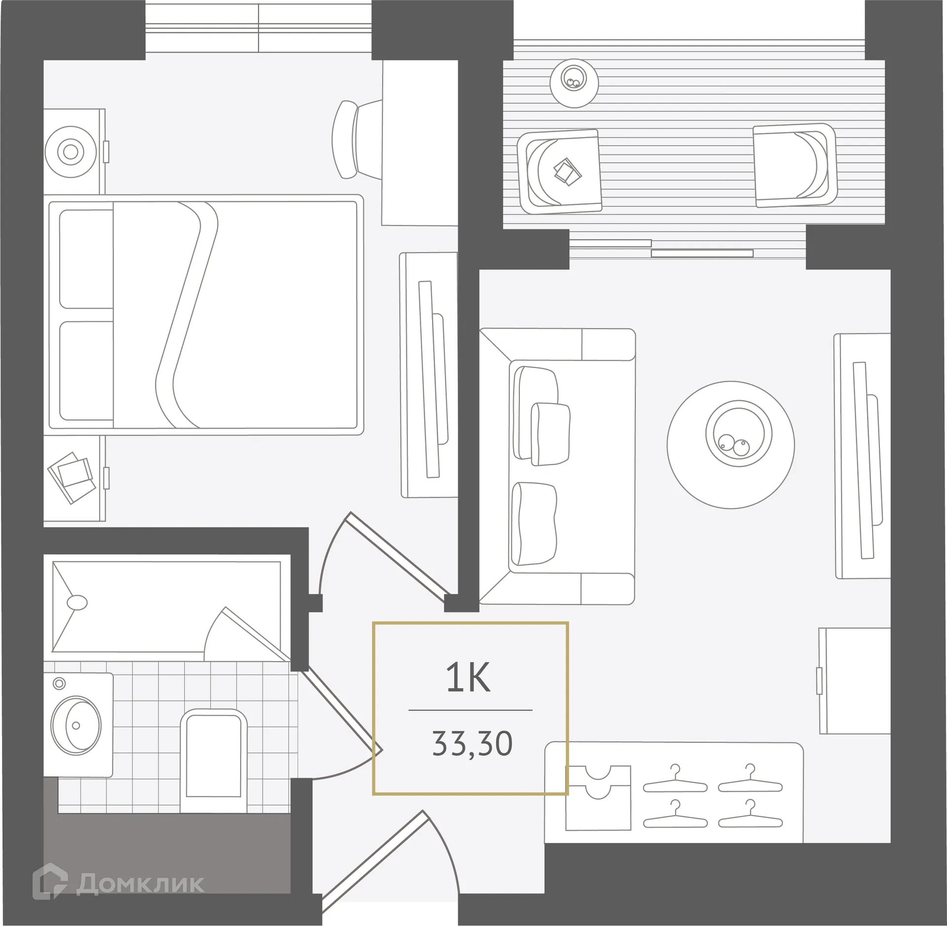 Планировка 1-комнатной квартиры 33.3 м² в ЖК Гостиничный комплекс "Нескучный сад", г. Сочи — фото 1