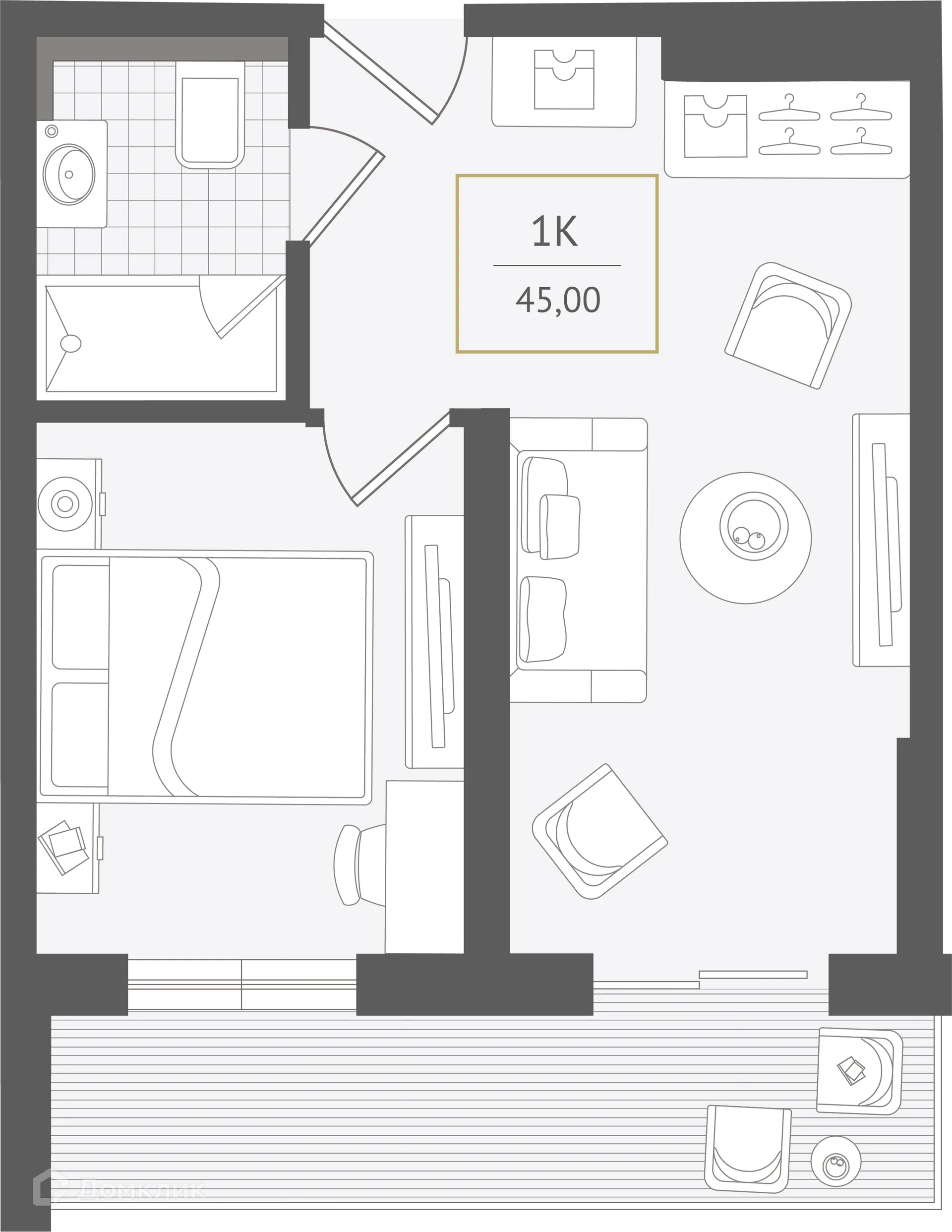 Планировка 1-комнатной квартиры 45 м² в ЖК Гостиничный комплекс "Нескучный сад", г. Сочи — фото 1