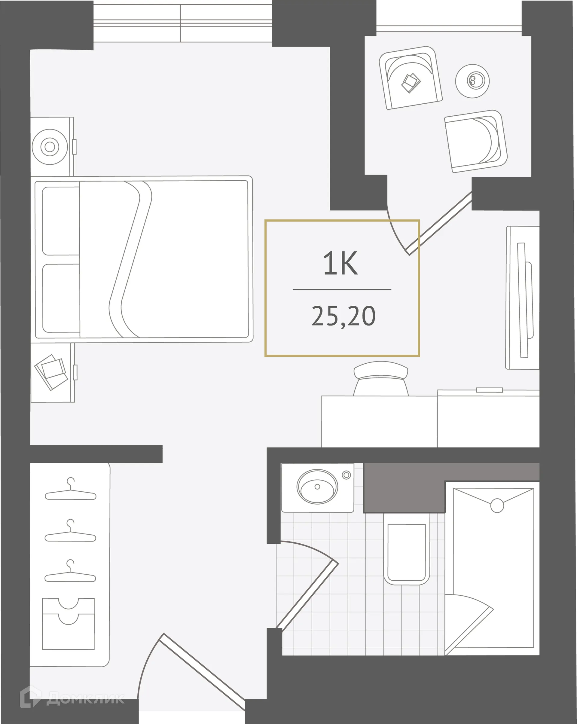 Планировка 1-комнатной квартиры 25.2 м² в ЖК Гостиничный комплекс "Нескучный сад", г. Сочи — фото 1