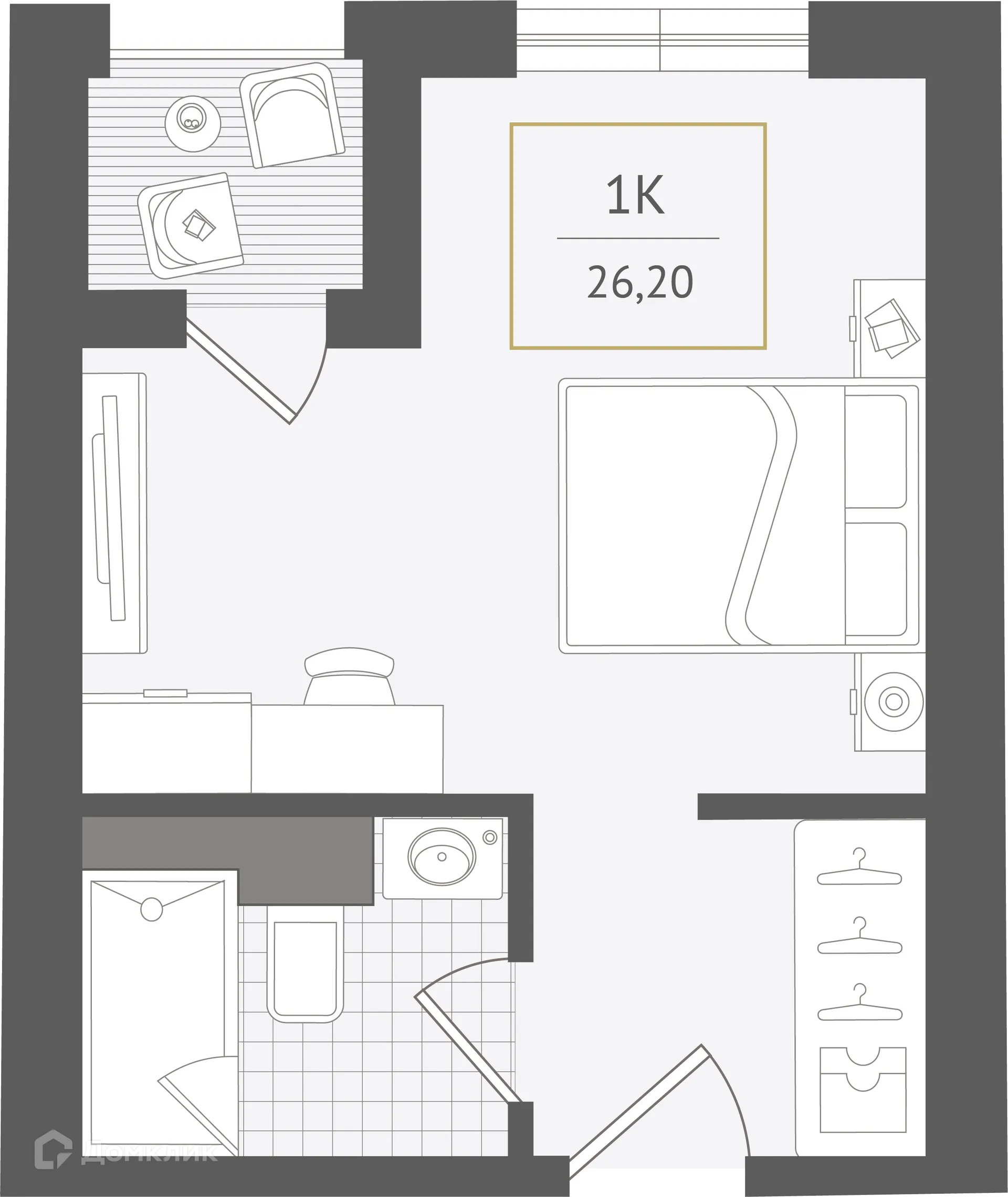Планировка 1-комнатной квартиры 26.2 м² в ЖК Гостиничный комплекс "Нескучный сад", г. Сочи — фото 1