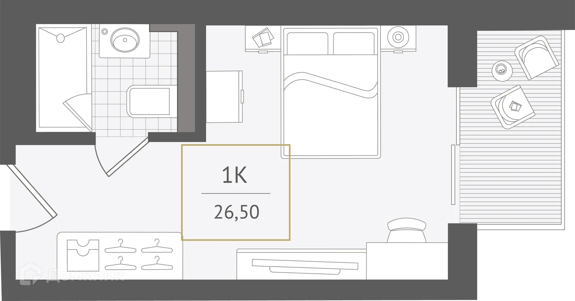 Планировка 1-комнатной квартиры 26.6 м² в ЖК Гостиничный комплекс "Нескучный сад", г. Сочи — фото 1