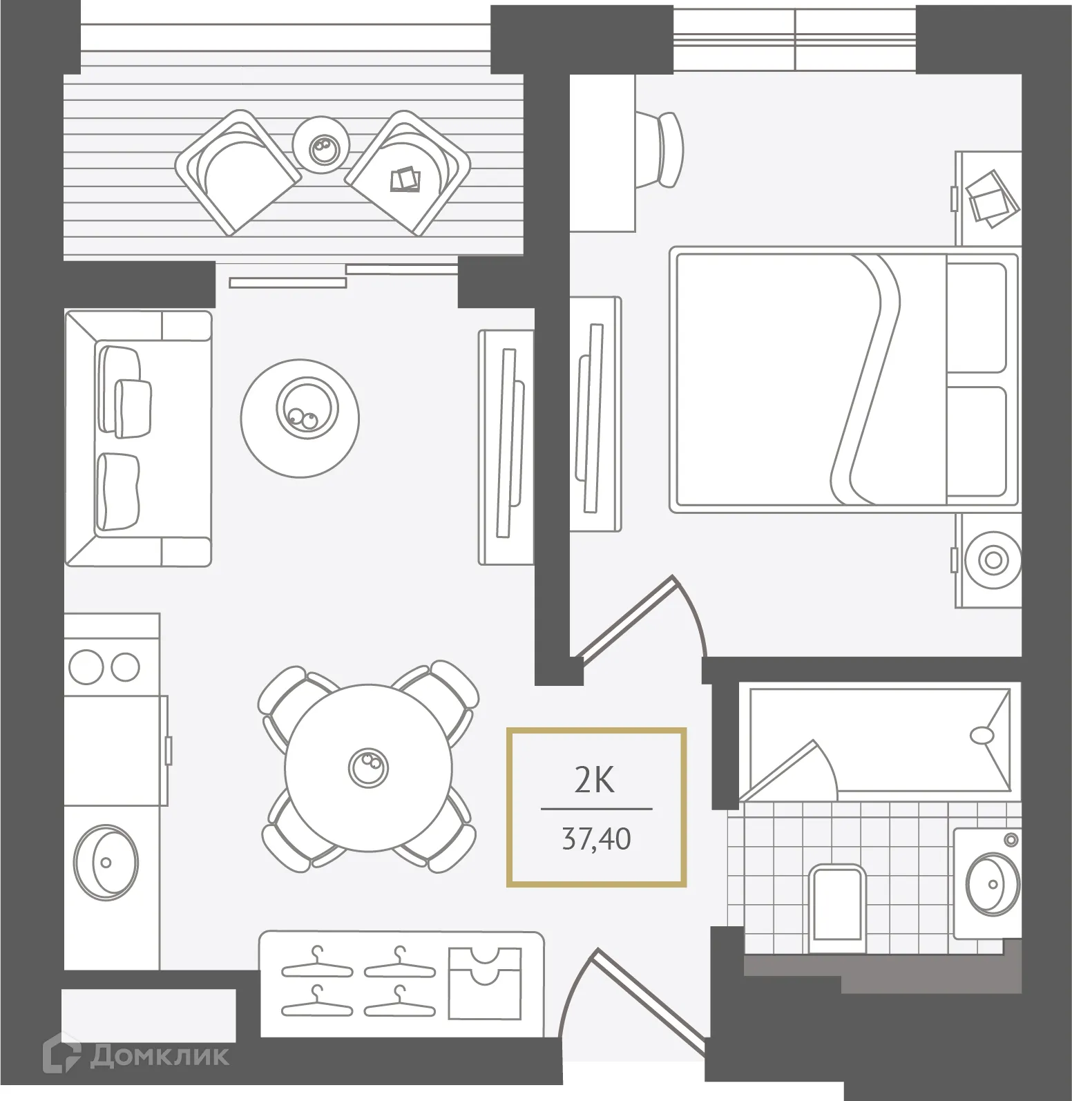 Планировка 2-комнатной квартиры 37.9 м² в ЖК Гостиничный комплекс "Нескучный сад", г. Сочи — фото 1