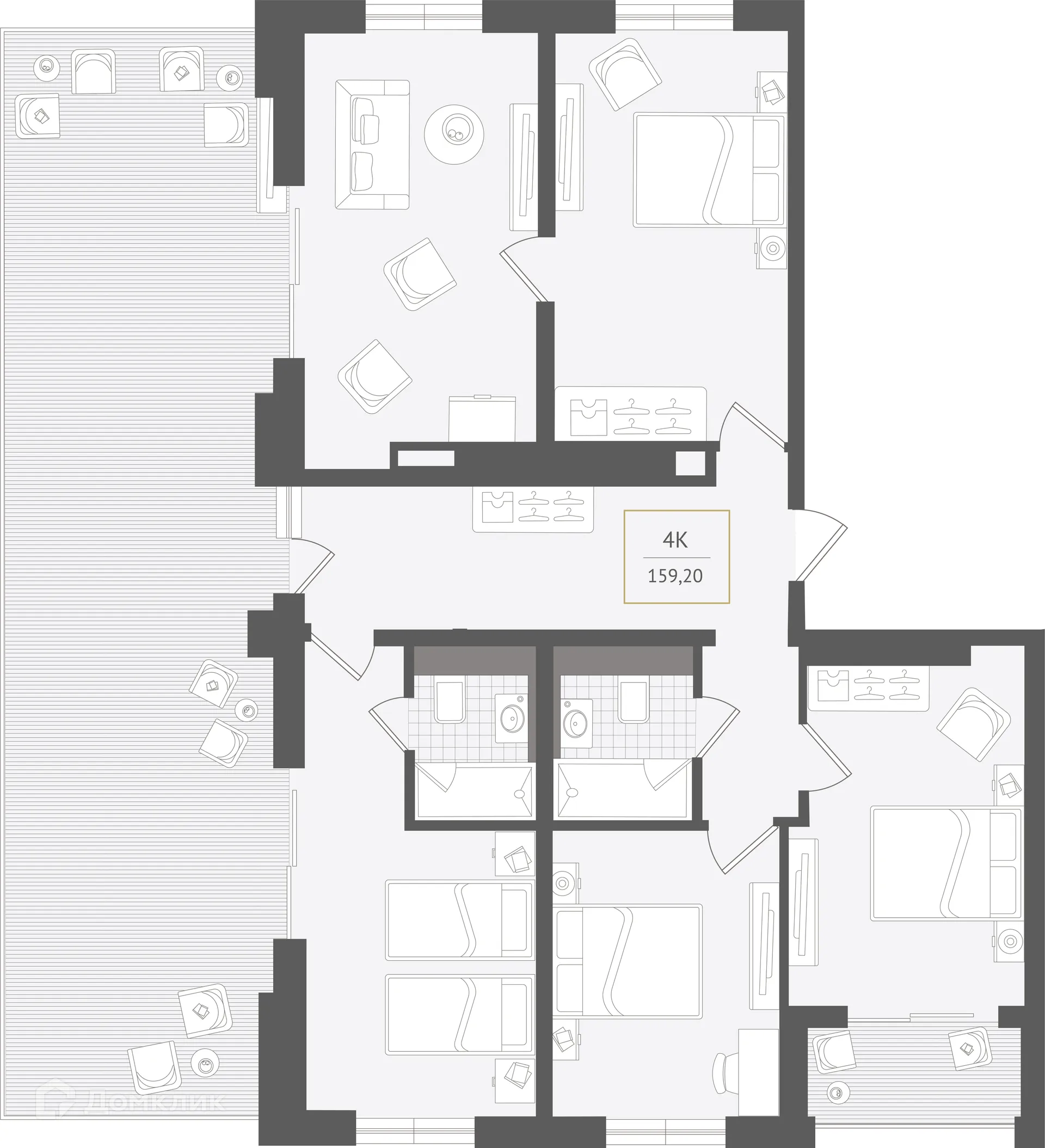 Планировка 4-комнатной квартиры 159.2 м² в ЖК Гостиничный комплекс "Нескучный сад", г. Сочи — фото 1