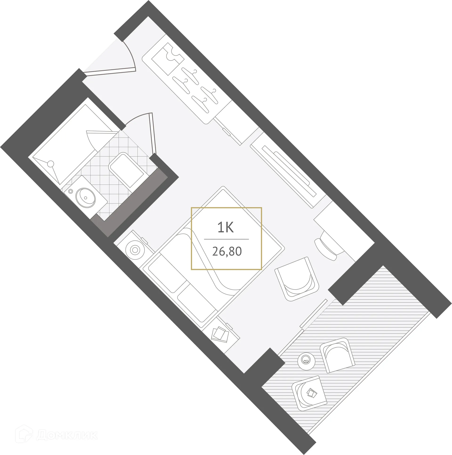 Планировка 1-комнатной квартиры 26.8 м² в ЖК Гостиничный комплекс "Нескучный сад", г. Сочи — фото 1