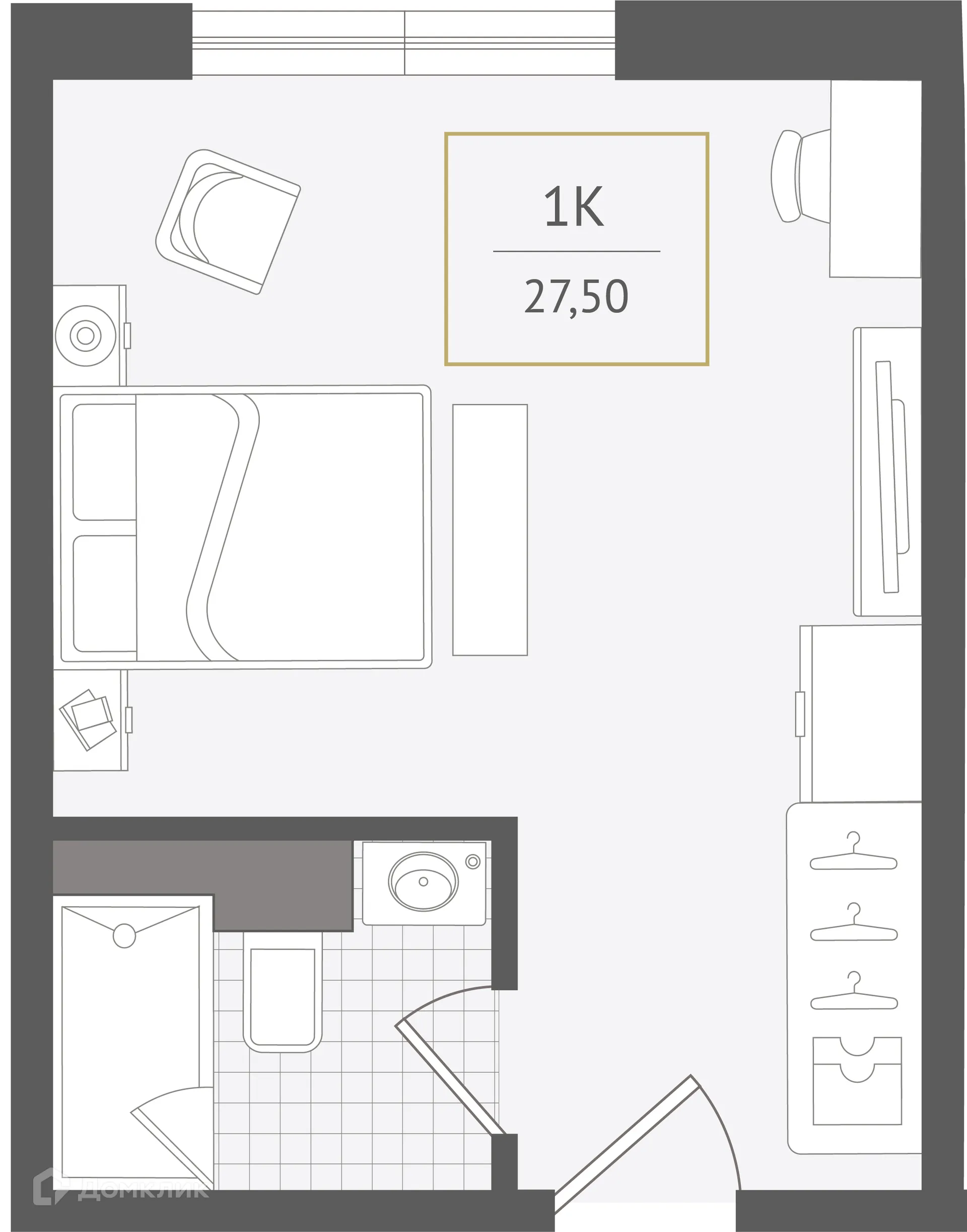 Планировка 1-комнатной квартиры 27.5 м² в ЖК Гостиничный комплекс "Нескучный сад", г. Сочи — фото 1