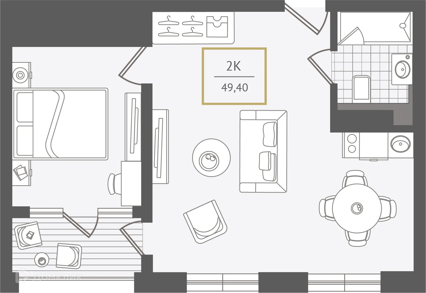 Планировка 2-комнатной квартиры 49.7 м² в ЖК Гостиничный комплекс "Нескучный сад", г. Сочи — фото 1