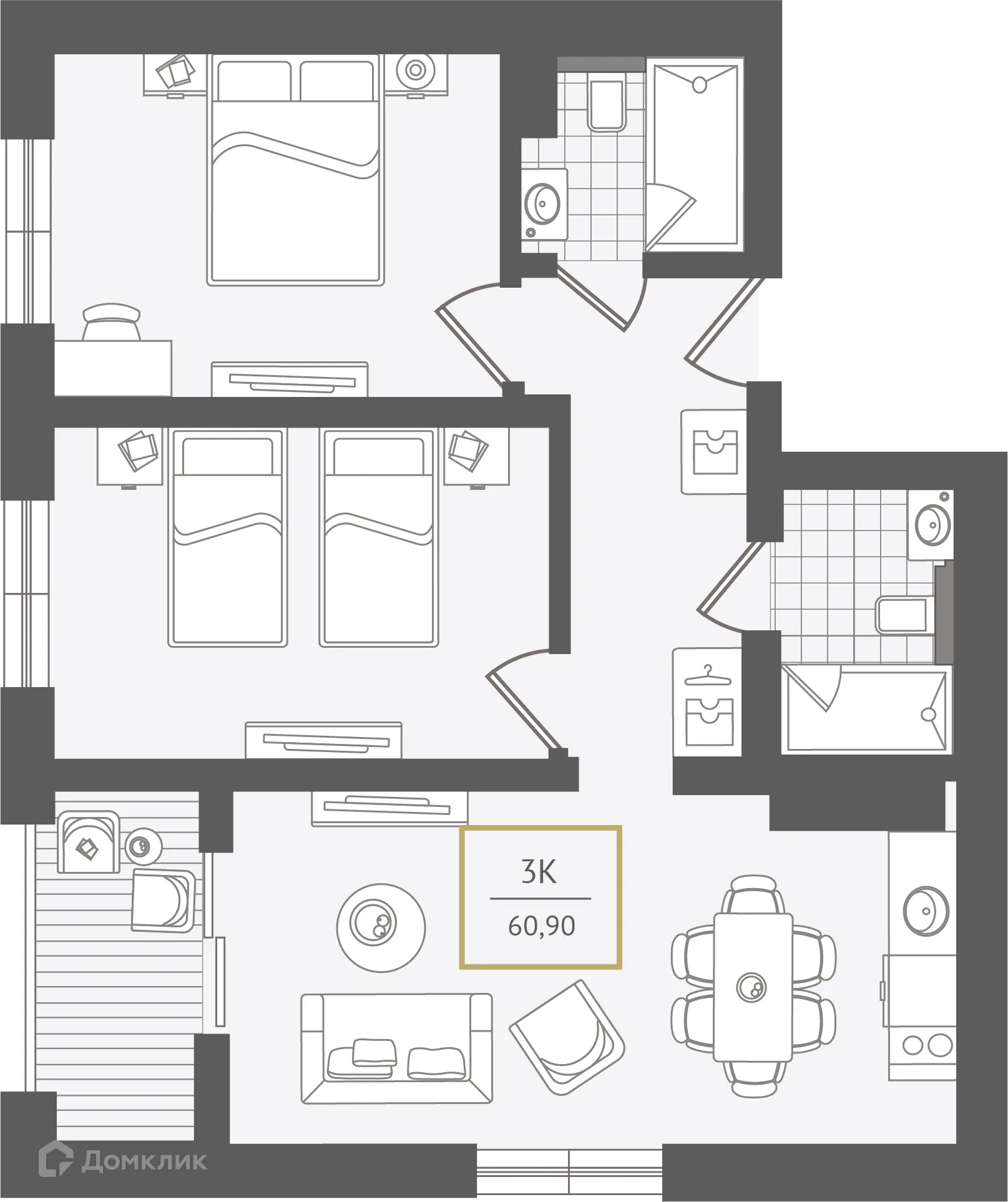 Планировка 3-комнатной квартиры 61.9 м² в ЖК Гостиничный комплекс "Нескучный сад", г. Сочи — фото 1
