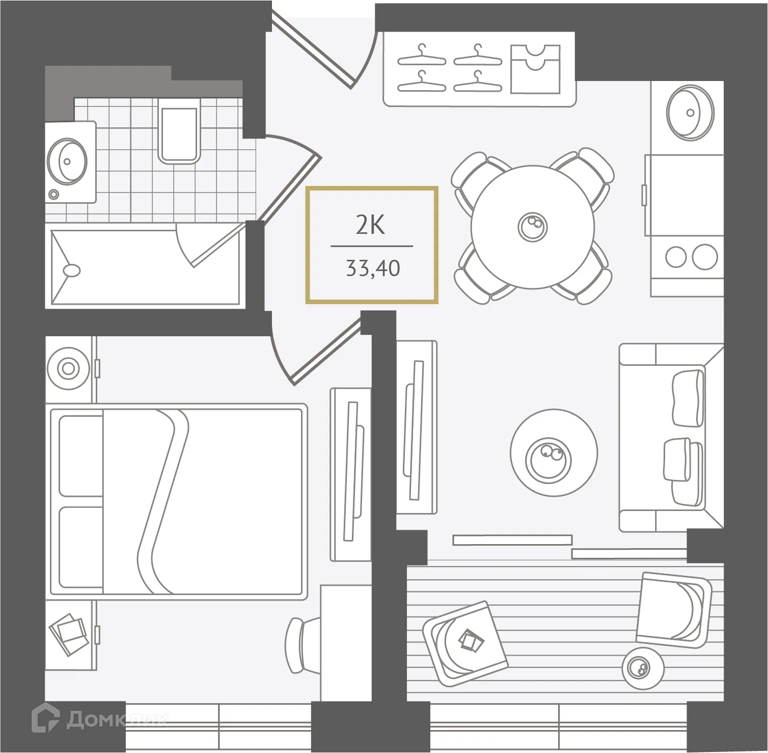 Планировка 2-комнатной квартиры 34 м² в ЖК Гостиничный комплекс "Нескучный сад", г. Сочи — фото 1